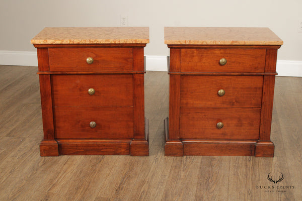 Bloomingdale's Empire Style Pair of Marble Top Cherry Chest Nightstands