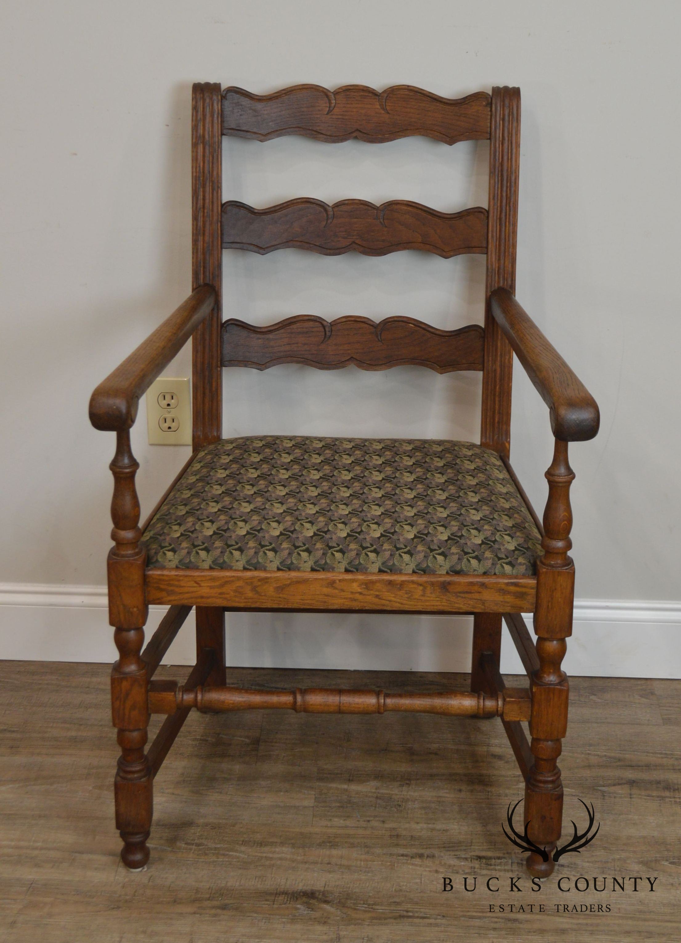 French Country Style Antique Pair Oak Ladder Back Armchairs