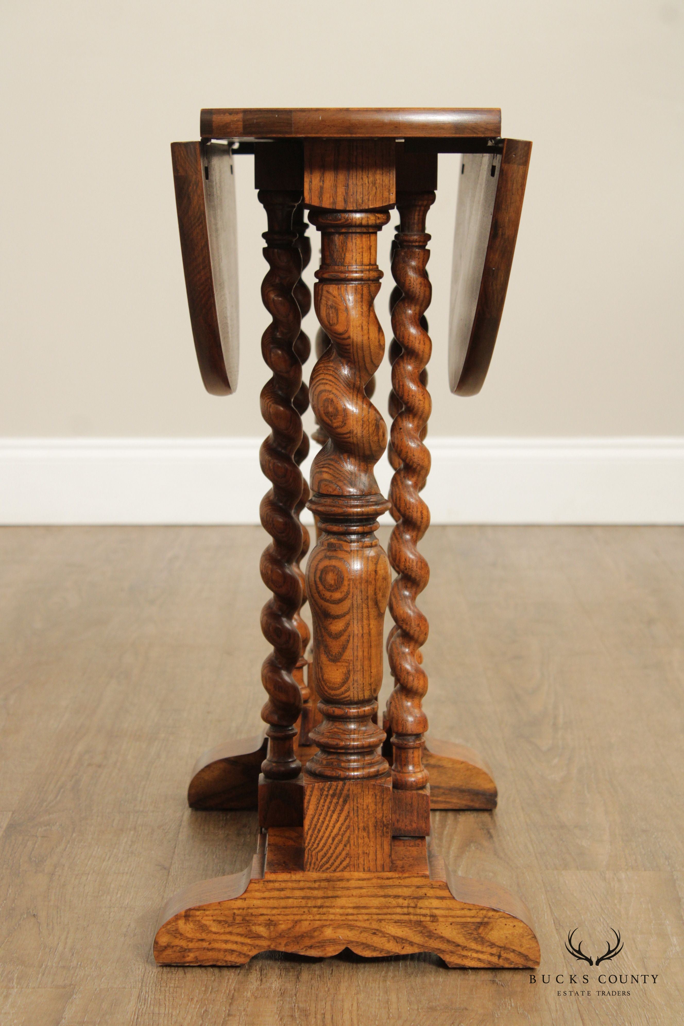 Baker Furniture Jacobean Style Oak Barley Twist Drop Leaf Table