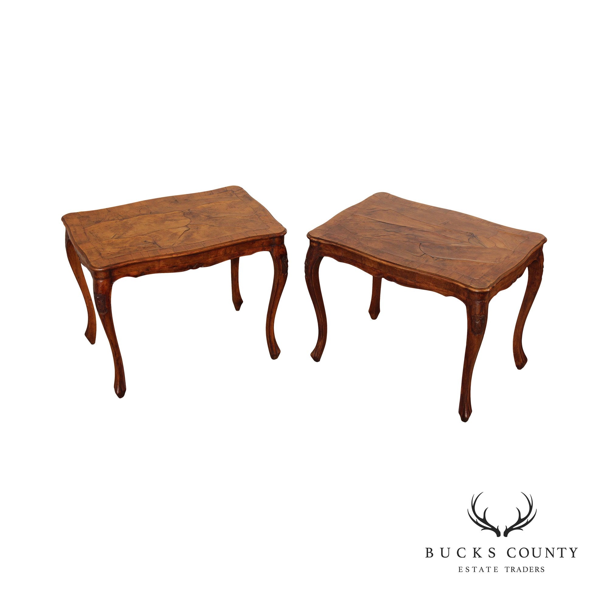 Italian Provincial Antique Walnut & Oyster Wood End Tables