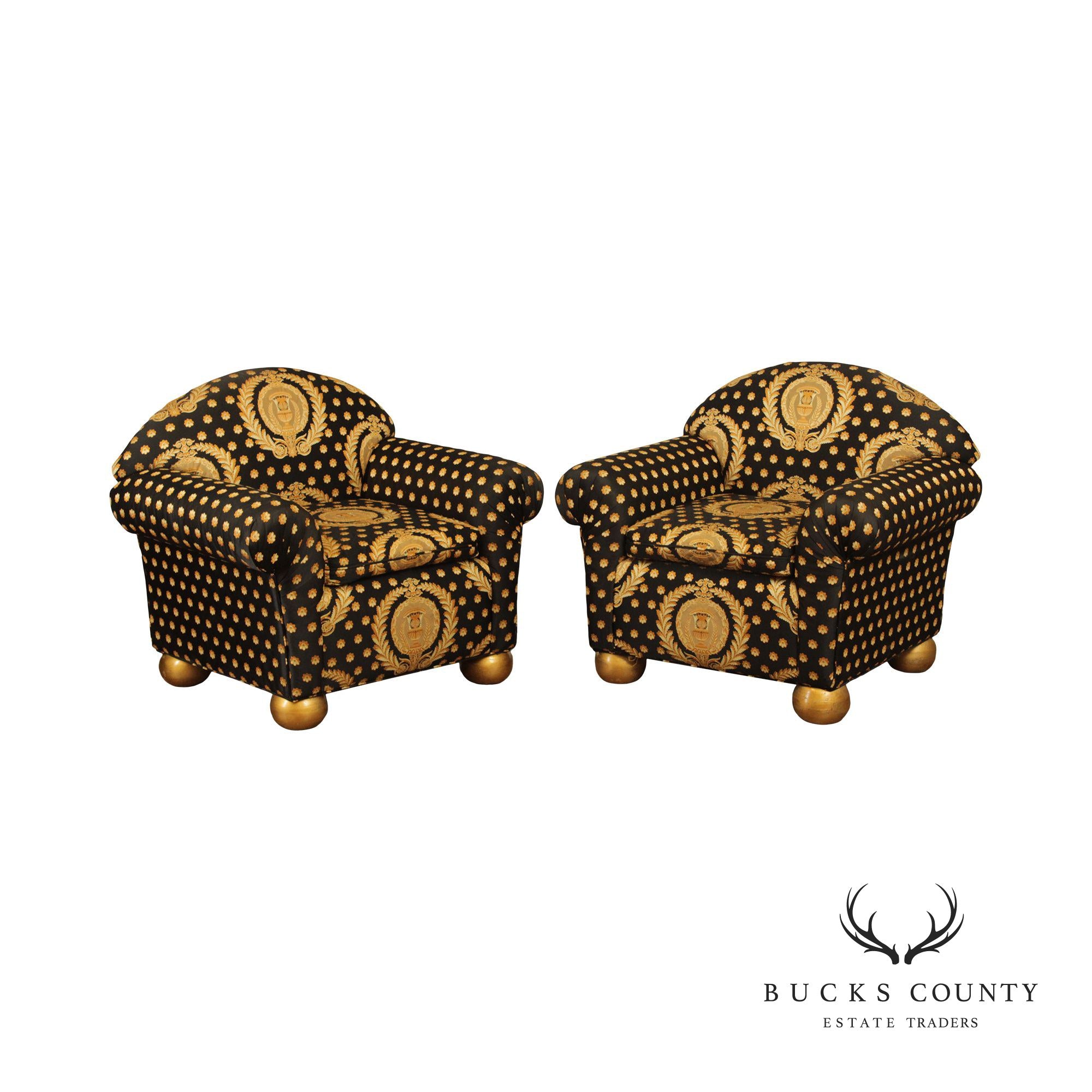 Pair of Custom Black and Gold Upholstered Club Chairs