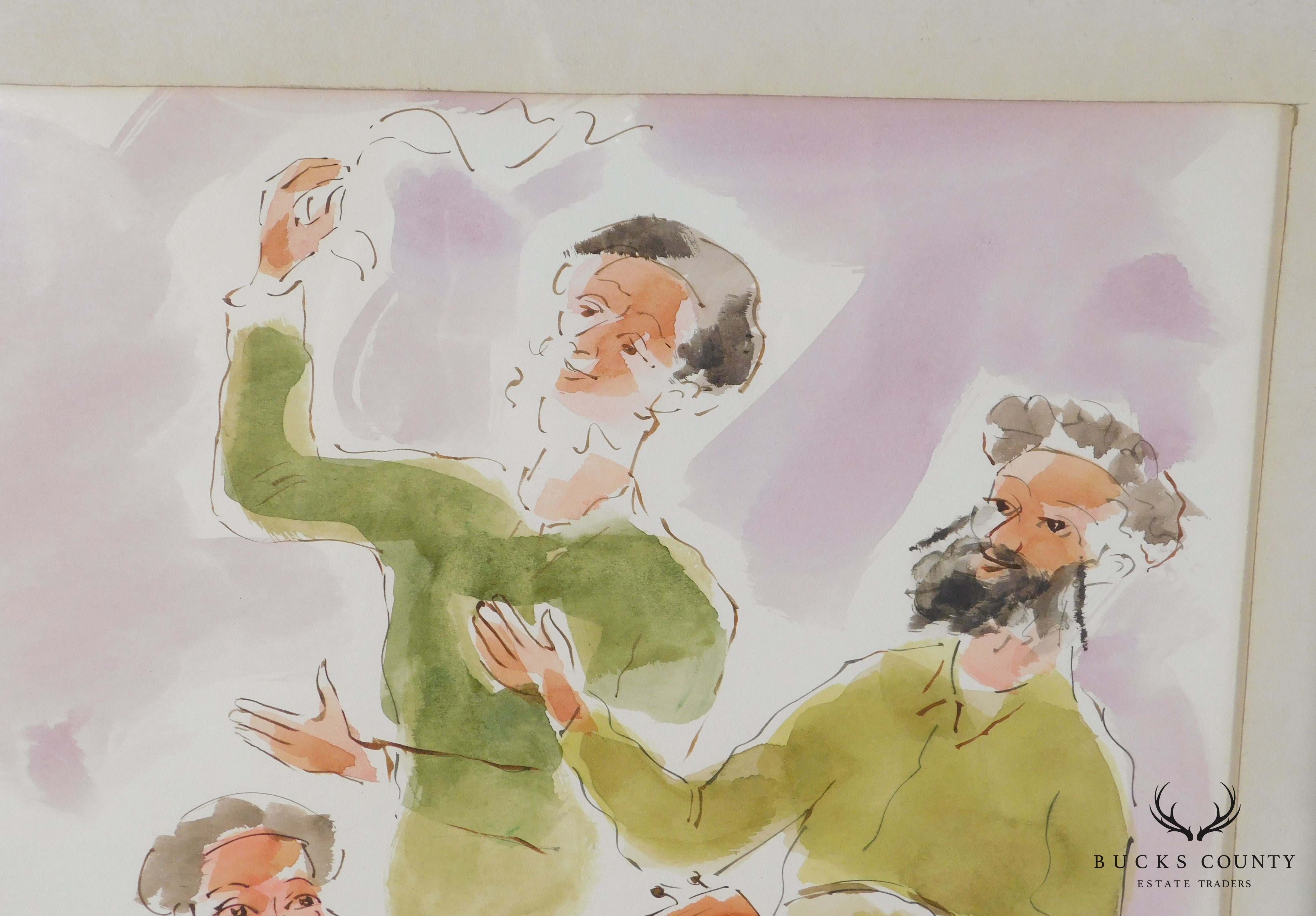 Moshe Raviv "Dancing Hasidim" Original Watercolor on Paper Signed