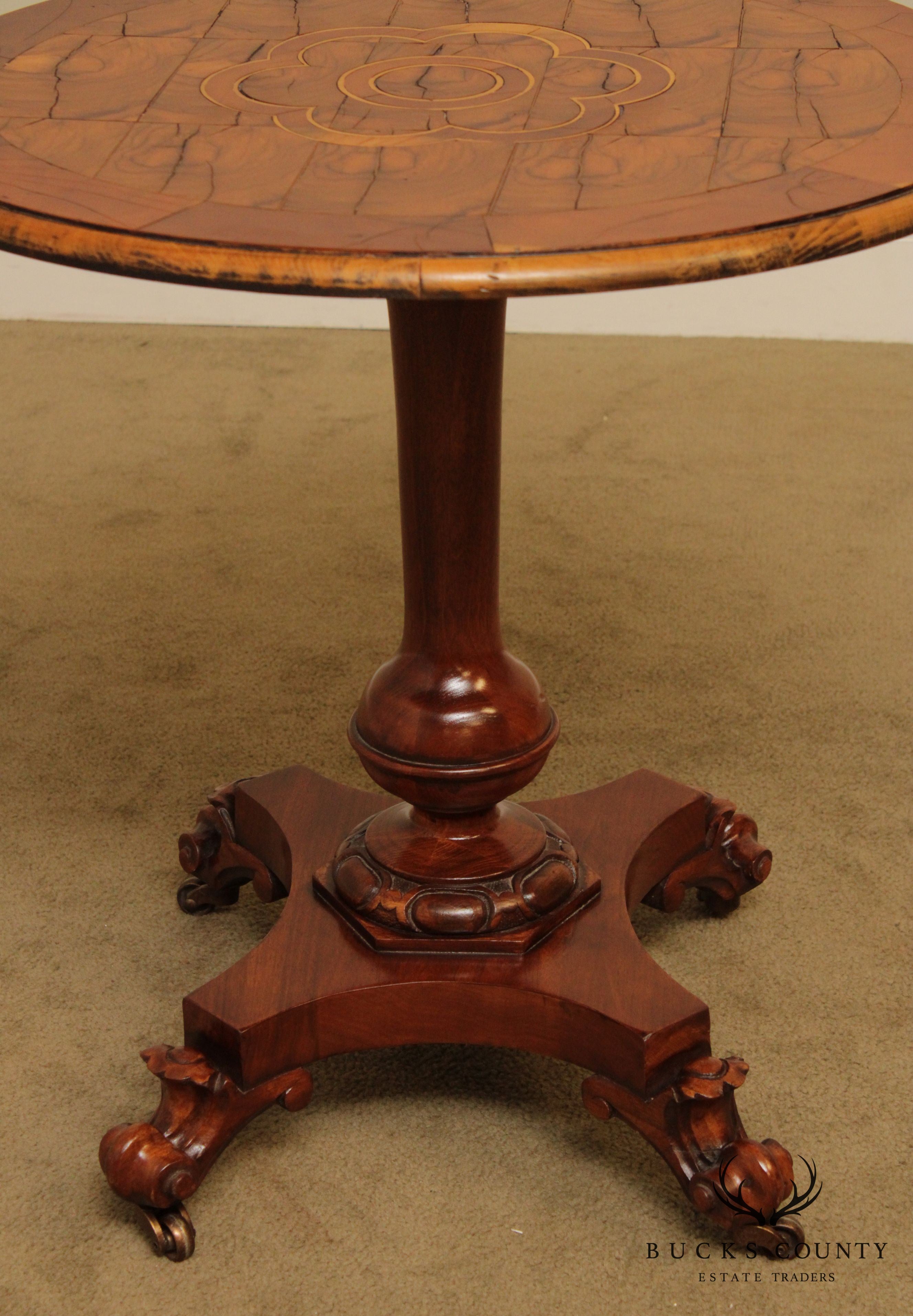 Empire Style Round Oyster Wood Inlaid Pedestal Table