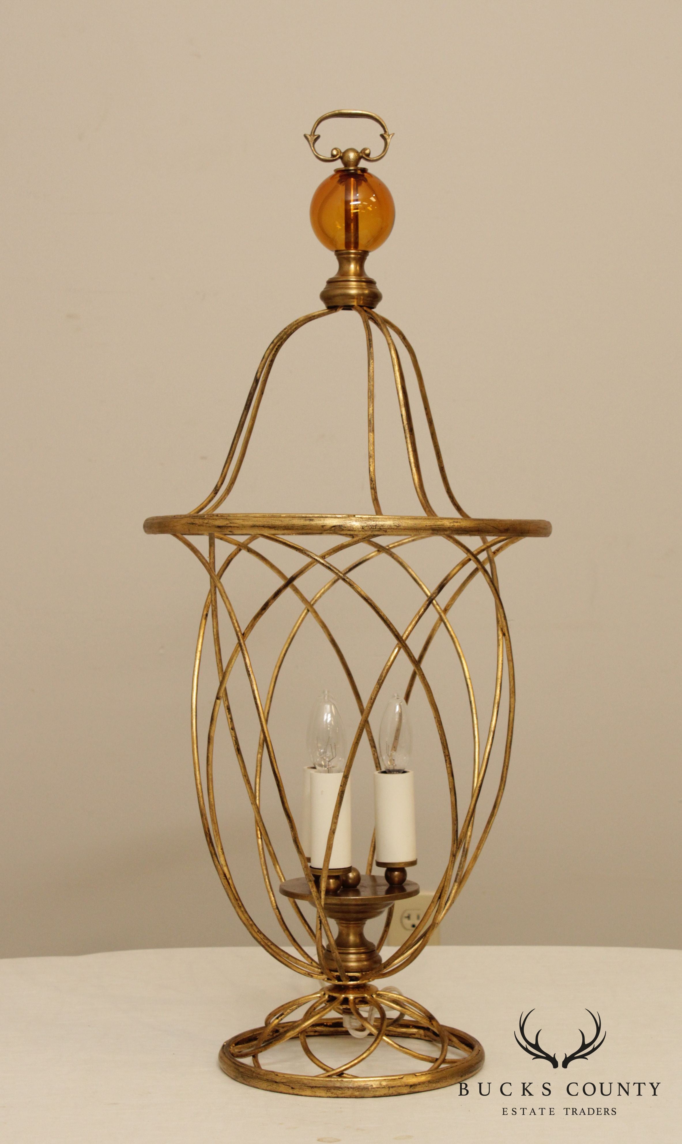 Italian Hollywood Regency Gilt Metal & Amber Crystal Lantern Light
