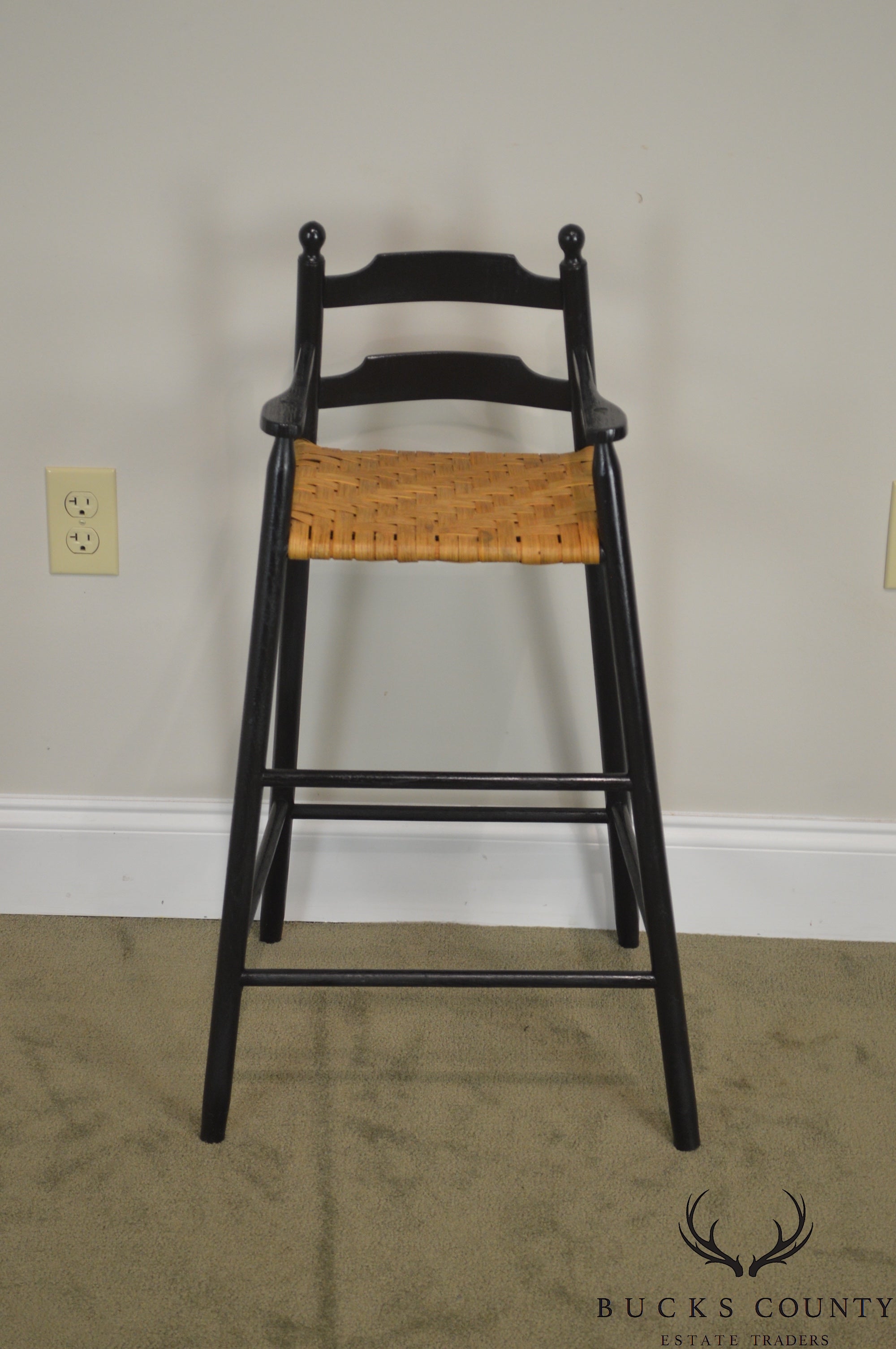 Country Black Painted Youth Arm Chair w/ Woven Rush Seat