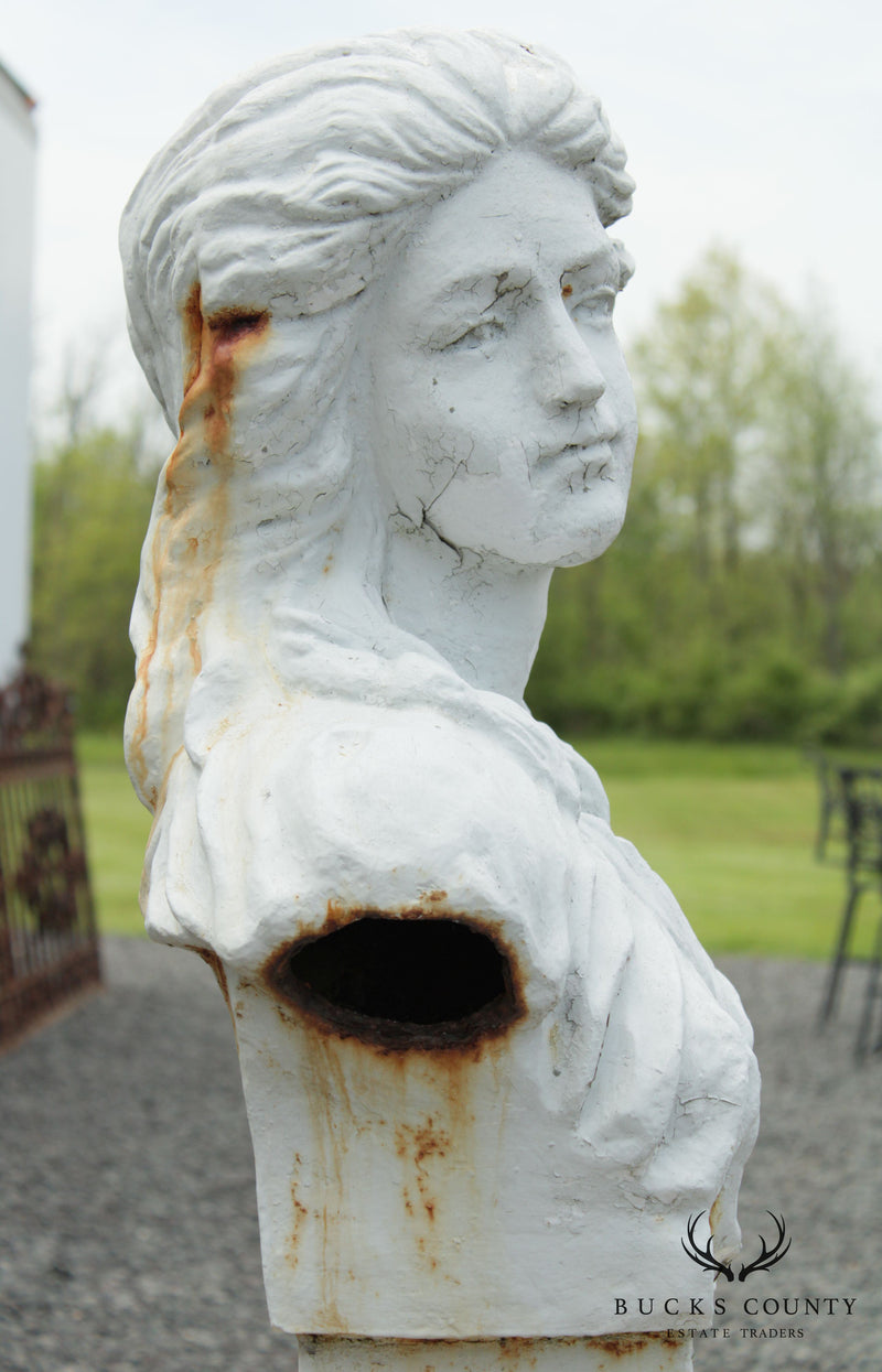 Vintage Cast Iron Bust Garden Statue On Pedestal