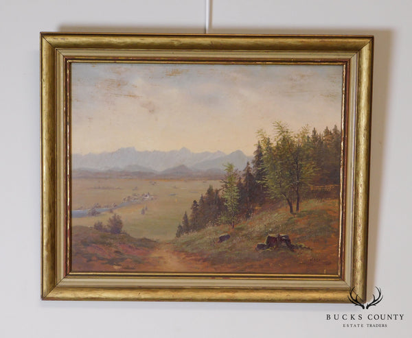 Mountain Valley Scene Framed Oil Painting On Board - Artist's Signature Illegible