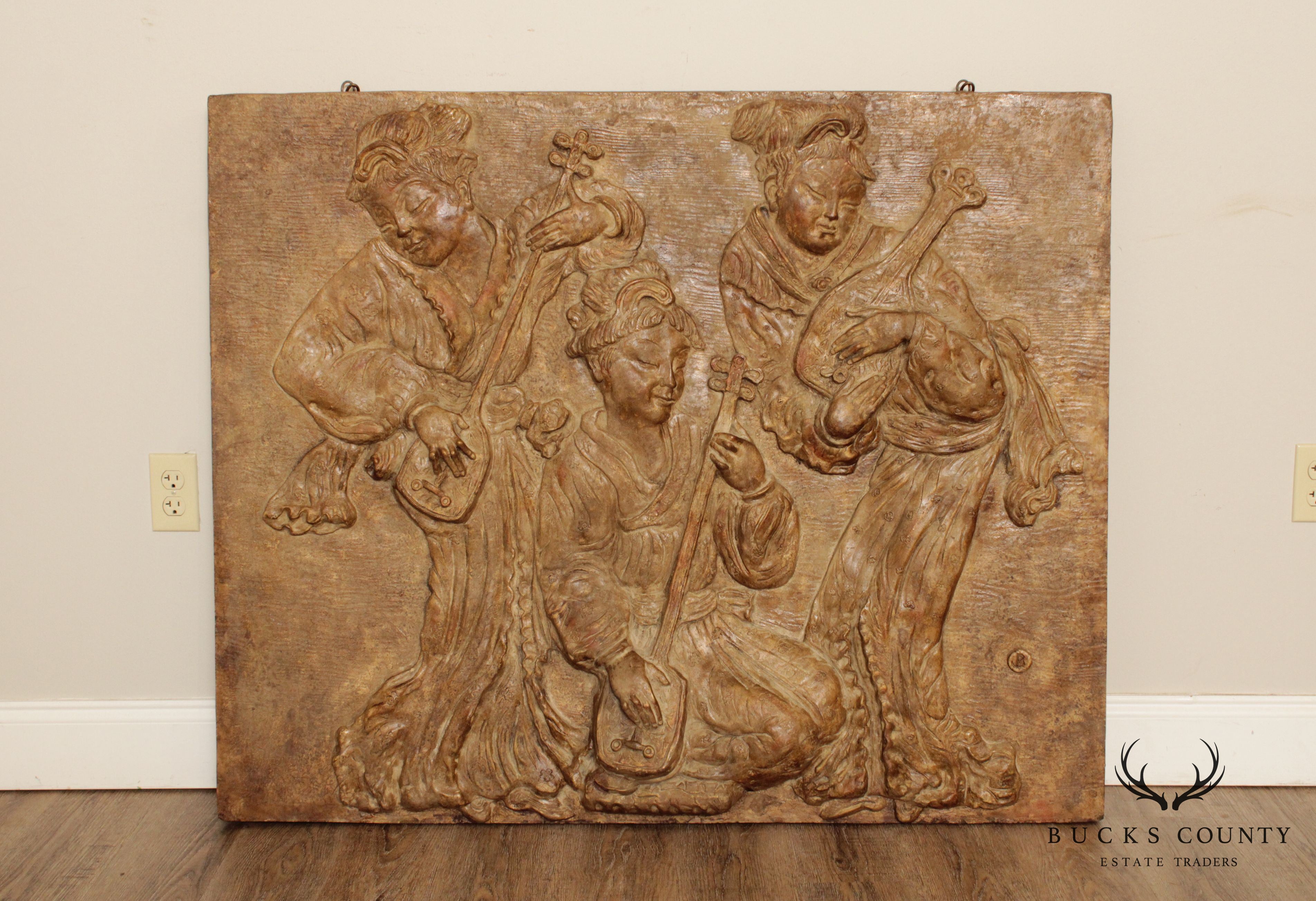 Chinese Musician Trio Large Carved Wall Relief Sculpture