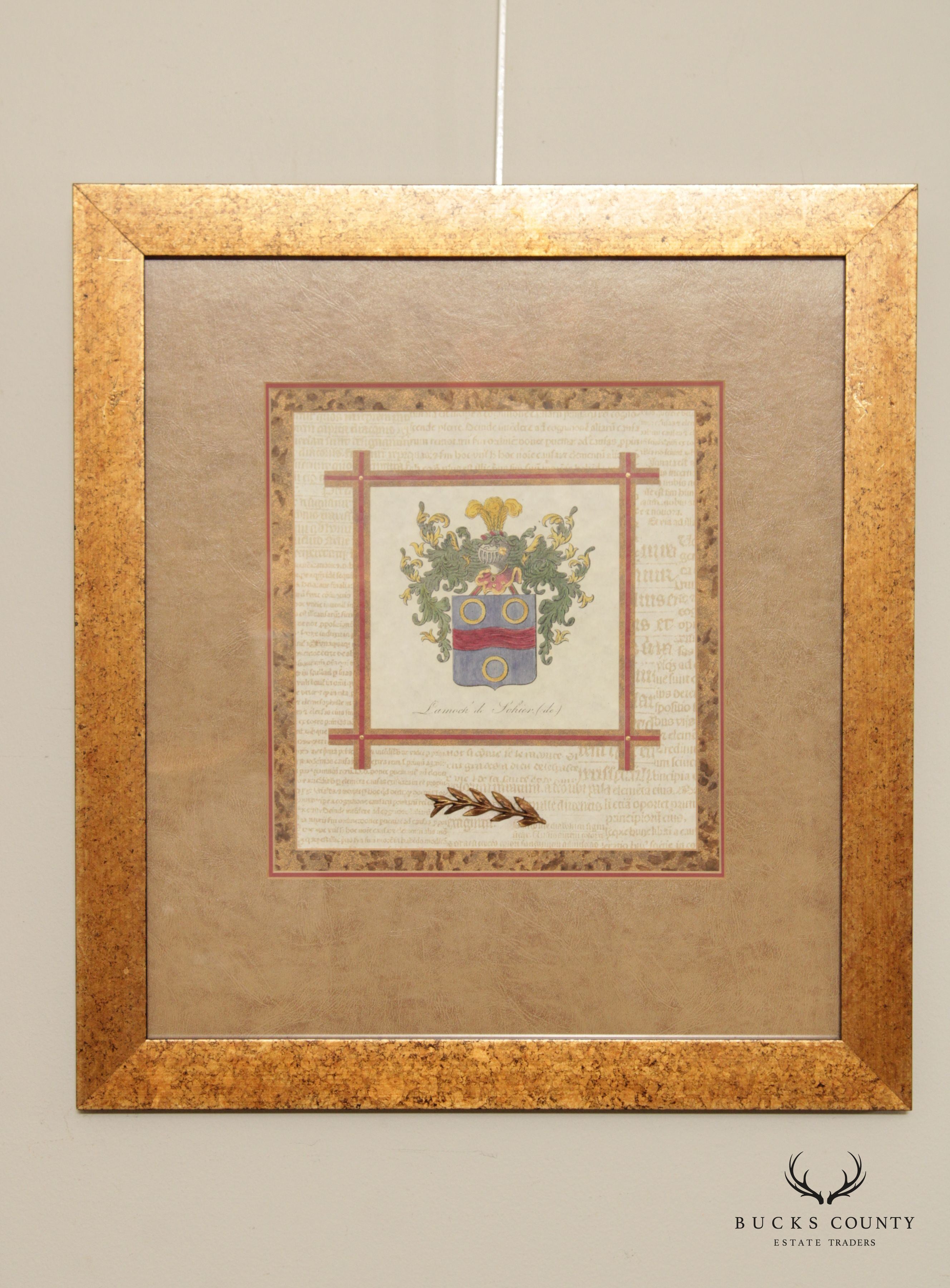 Vintage 'Snellinck de Beteckum' and 'Lamock de Sohier' Coat of Arms Prints, Custom Framed