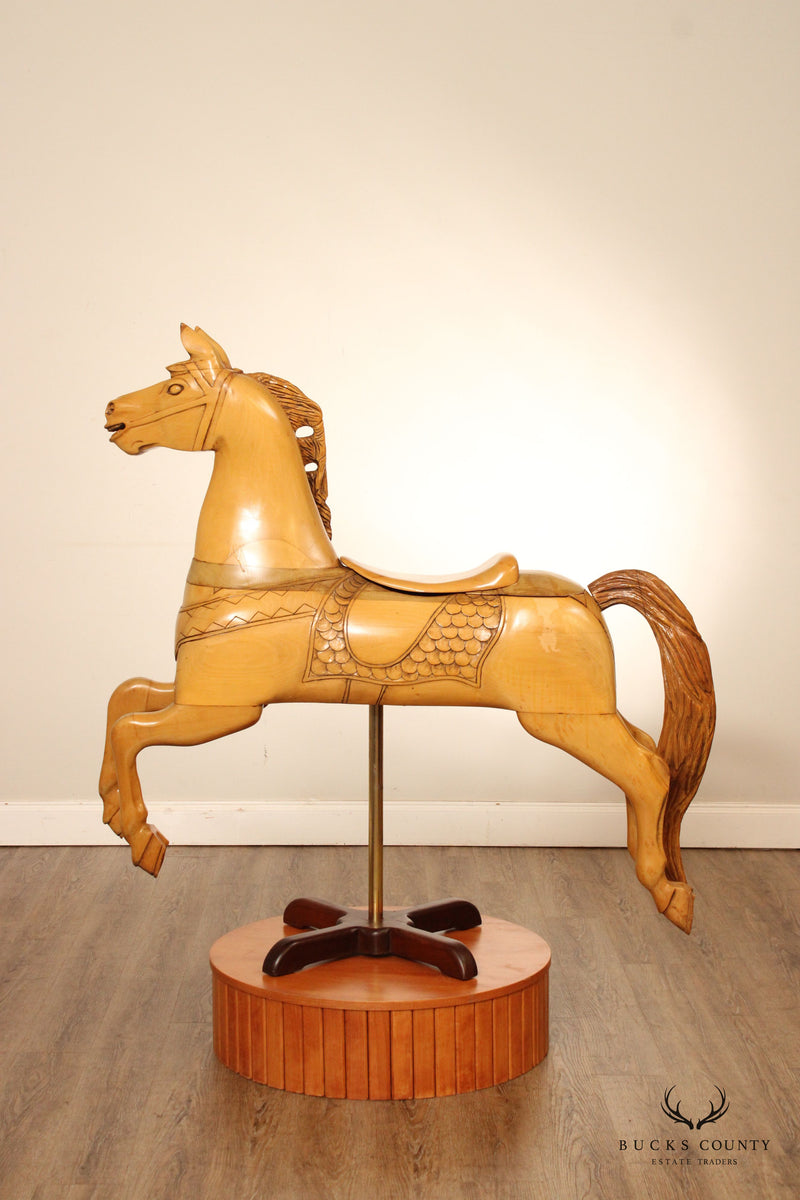 Vintage Wooden Carved Carousel Horse on Stand