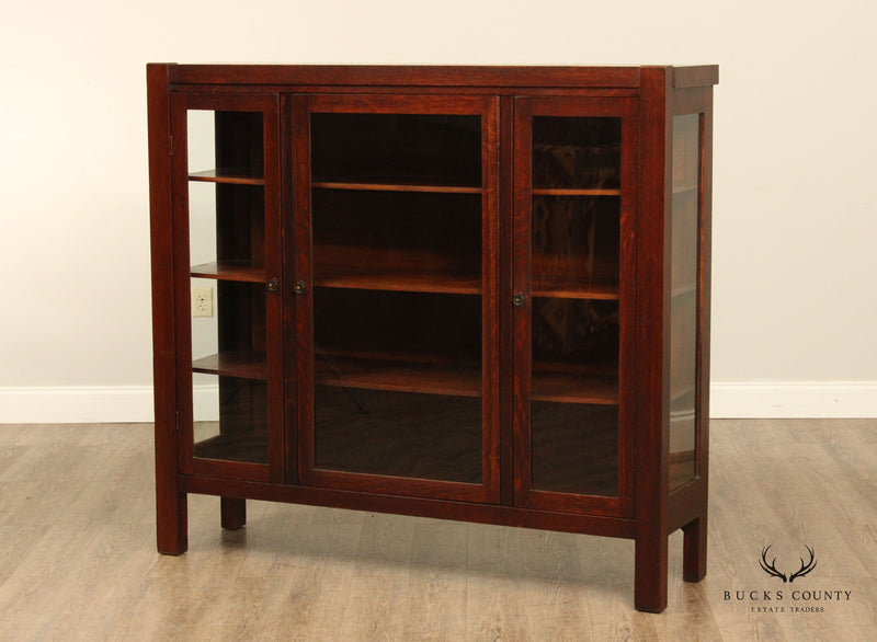Antique Mission Oak and Glass Three-Door China Cabinet Bookcase