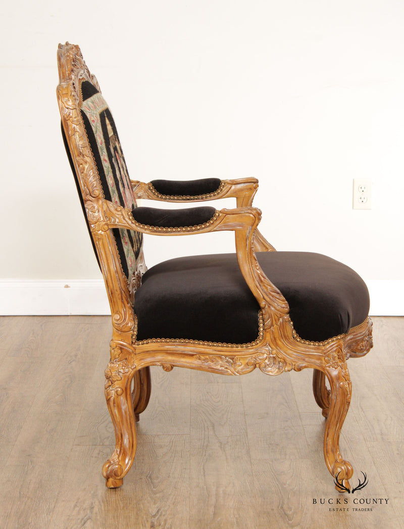 Michael Thomas French Louis XV Style Carved Frame Needlepoint Arm Chair