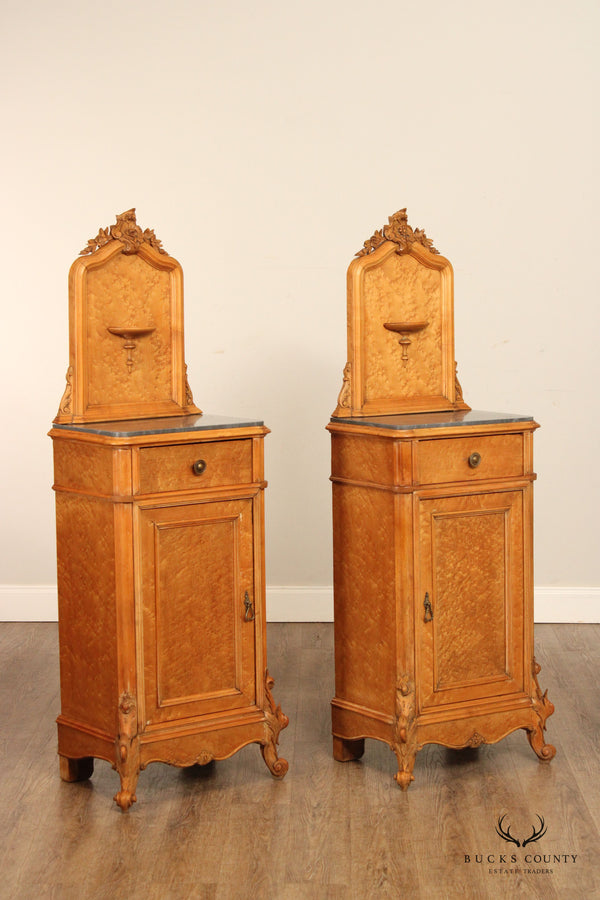 Nicolo Casale Italian Birdseye Maple Pair of Marble Top Bedside Cabinets