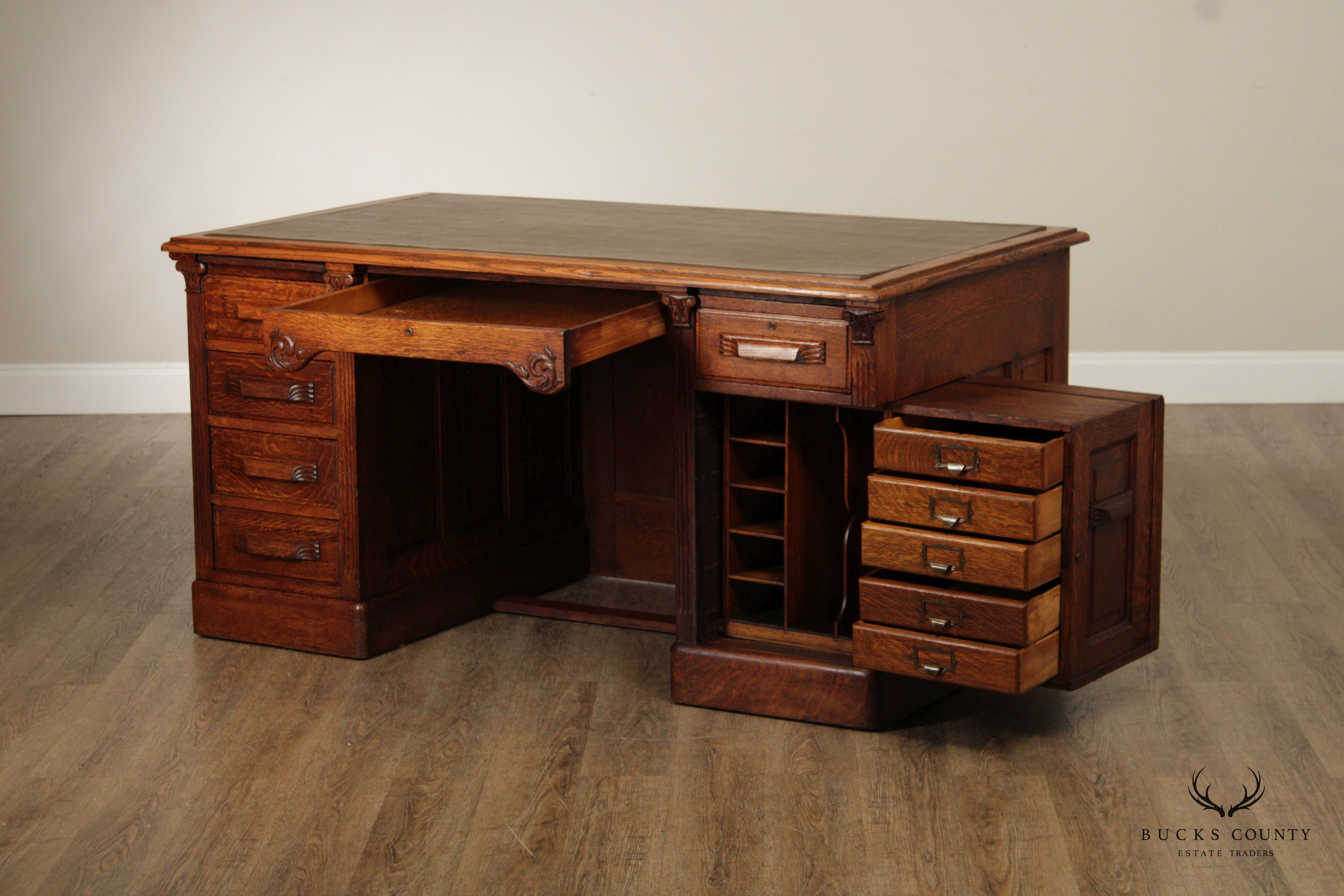 Antique Victorian Oak Wooten Style Executive Pedestal Desk