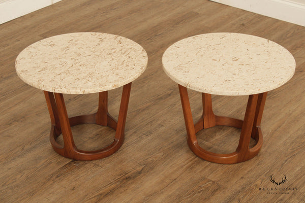 Lane Mid Century Modern Pair of 'Rhythm' Walnut Round Travertine Top Side Tables