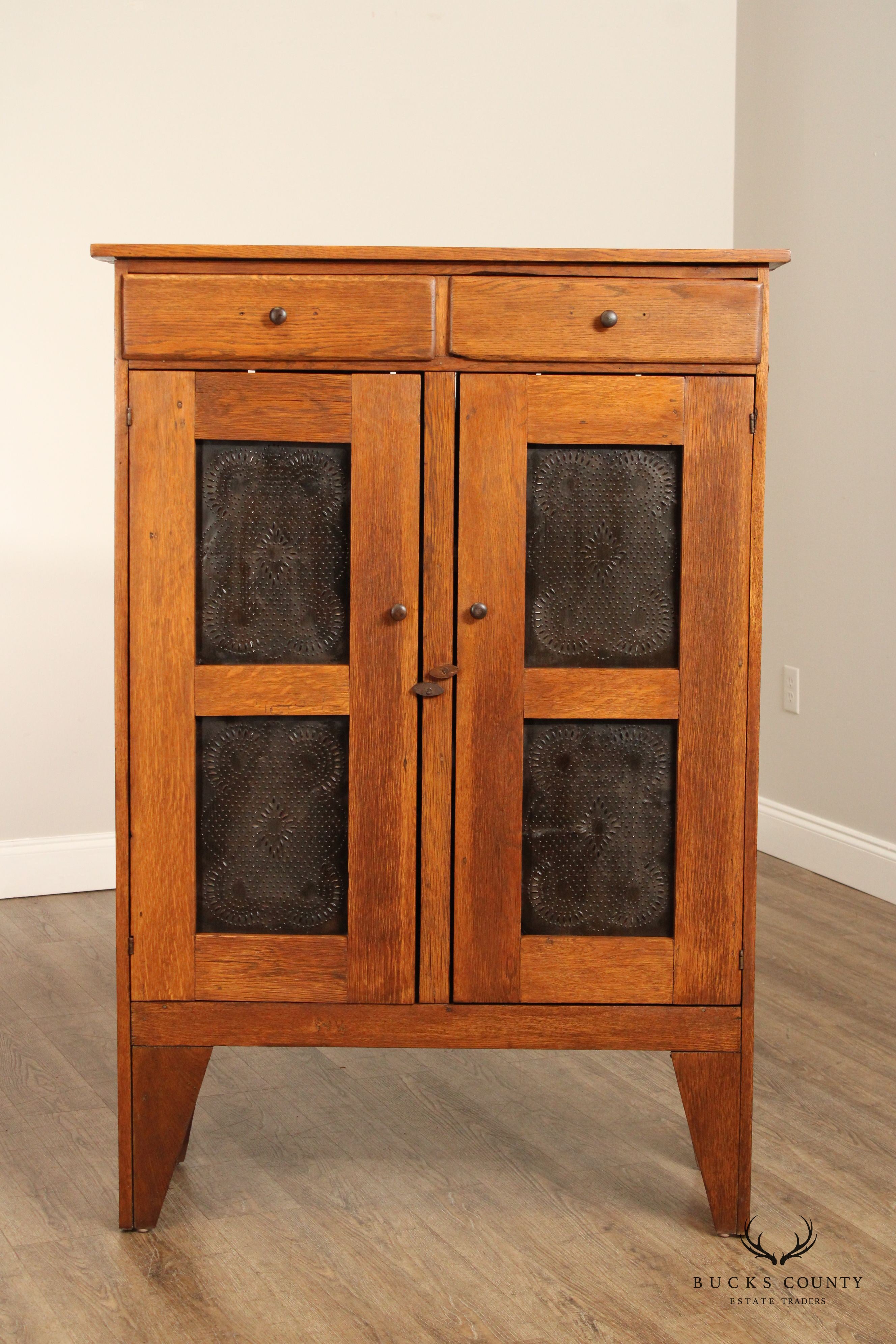 Antique American Oak and Punched Tin Pie Safe Cabinet