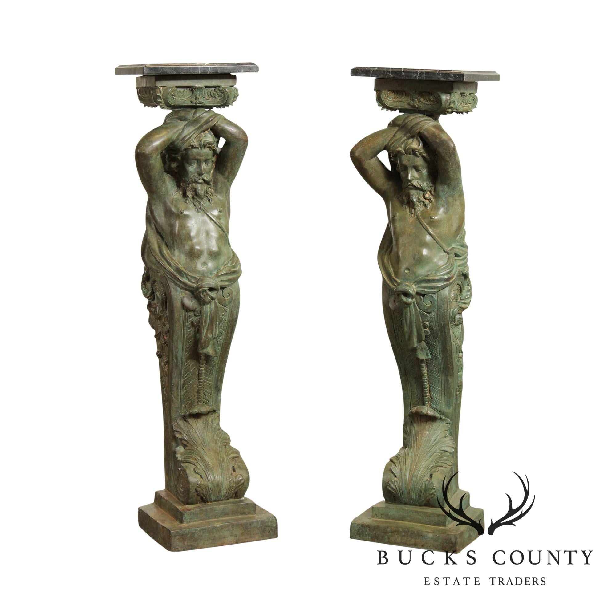 Bronze Marble Top Pair "Telamon" Greek God Statues, 48" Pedestals