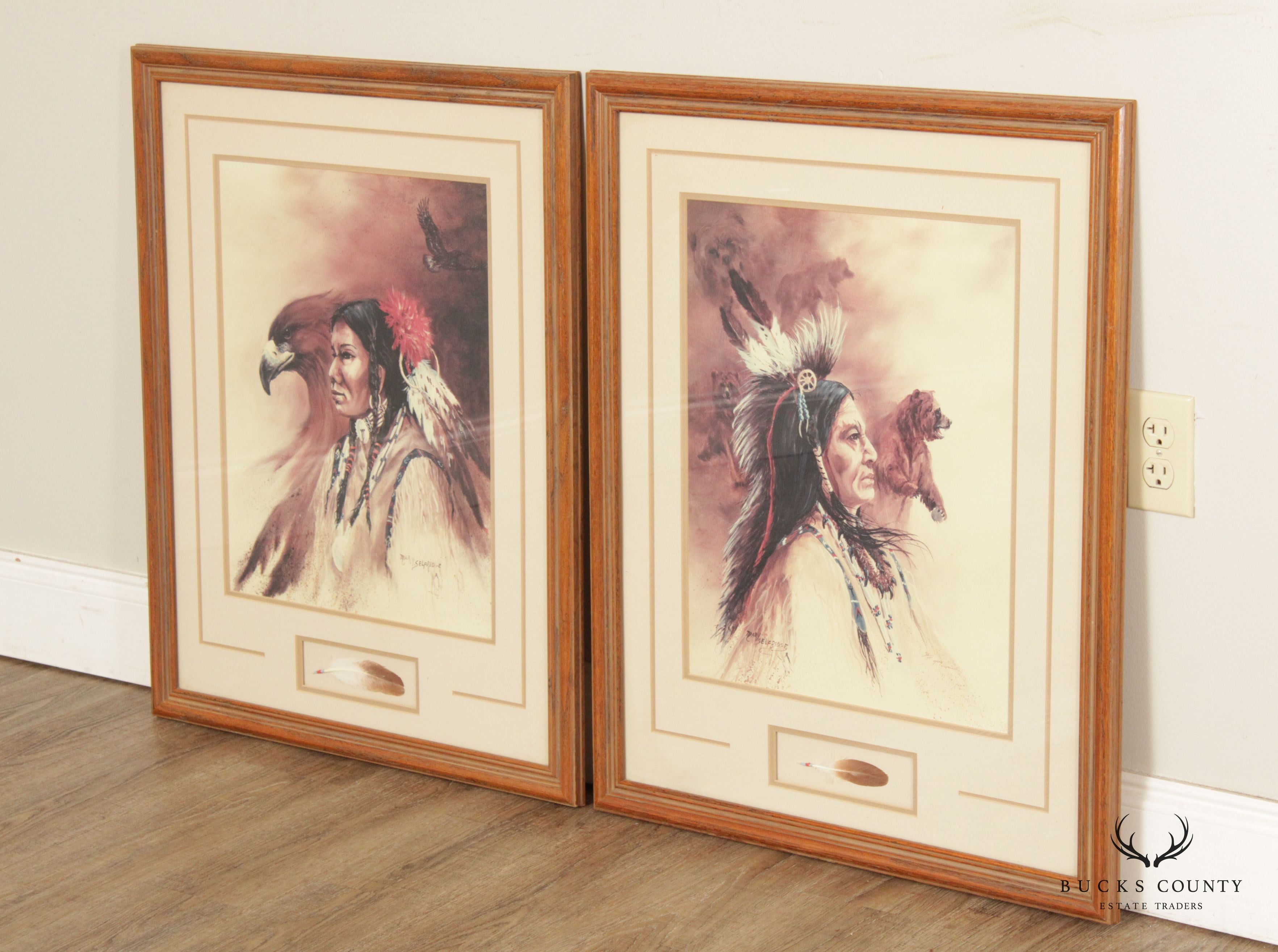 Mary Selfridge Pair Native American Portrait Prints, Custom Framed