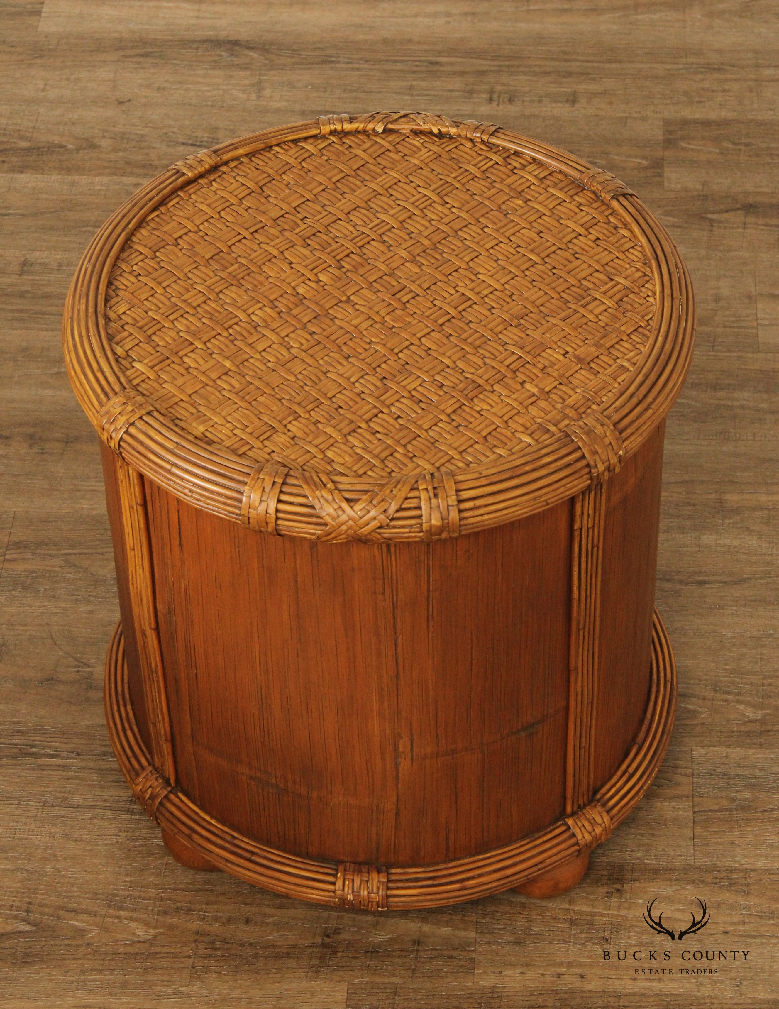 Bamboo and Rattan Circular Glass Top Drum Style Side Table