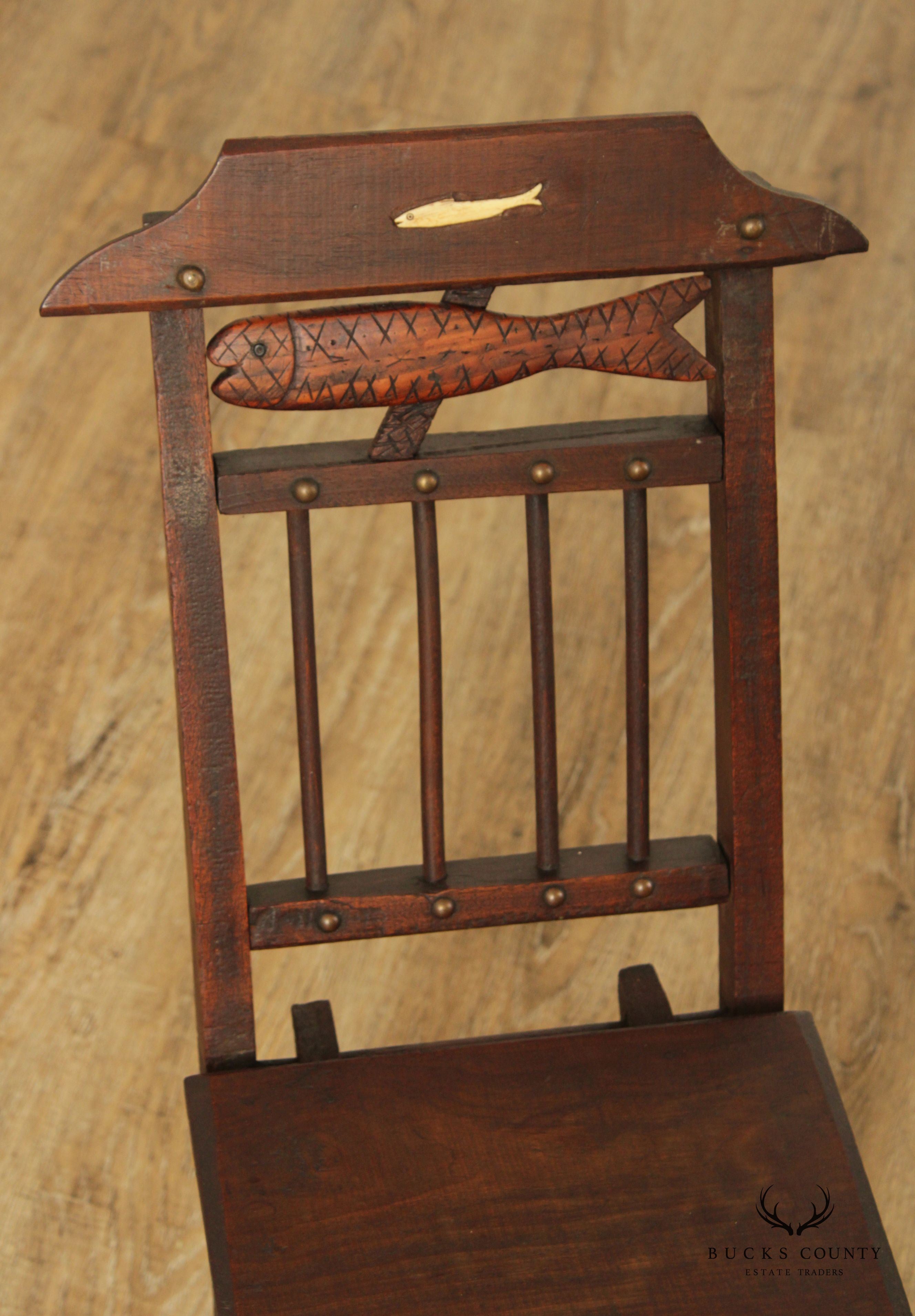 Antique 19th Century Walnut and Bone Child's Folding Fishing Chair