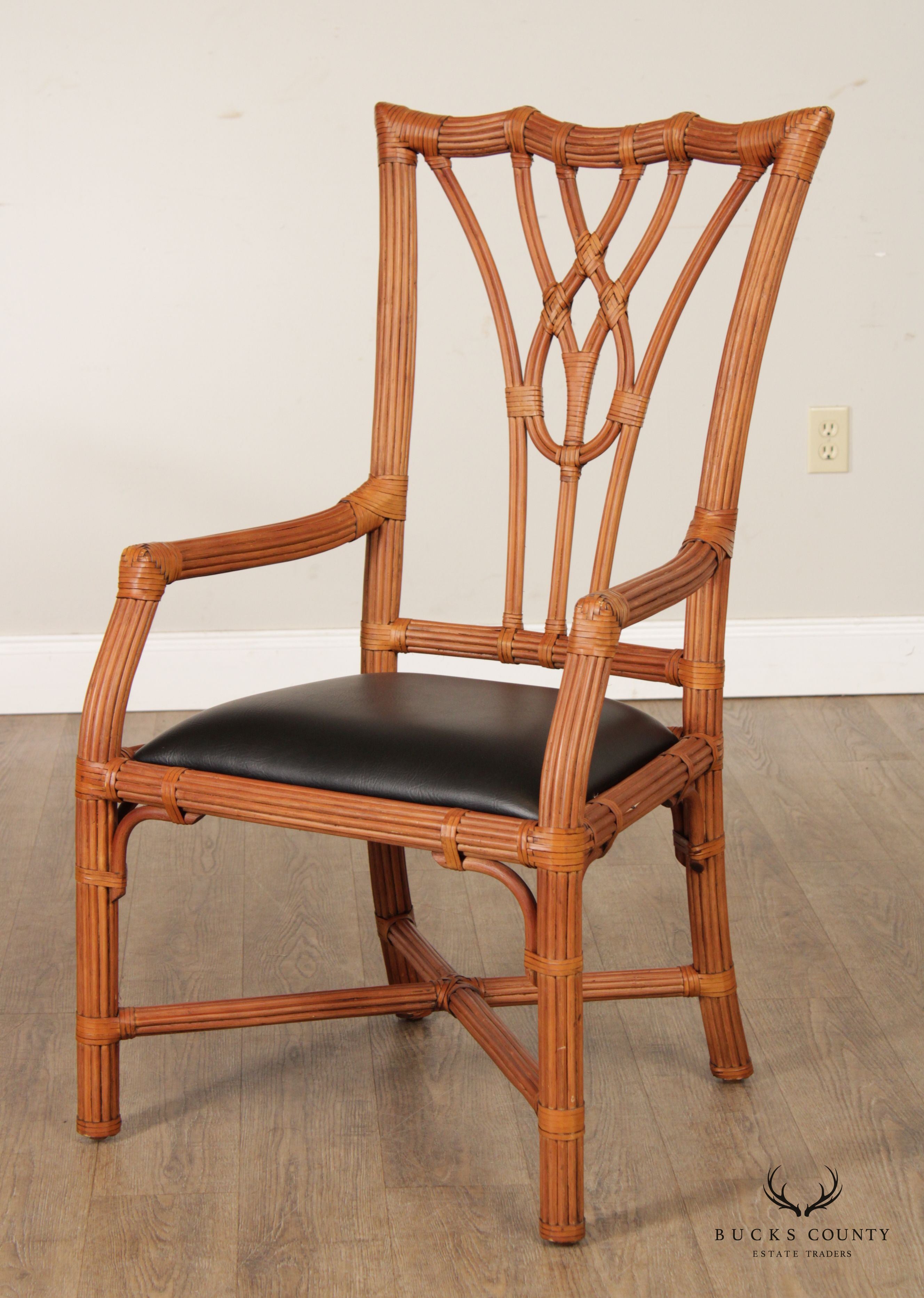 Chippendale Style Split Reed Rattan Pair of Armchairs