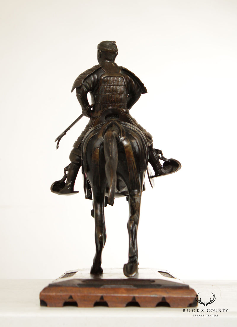 Antique Japanese Samurai Warrior on Horse Bronze Sculpture