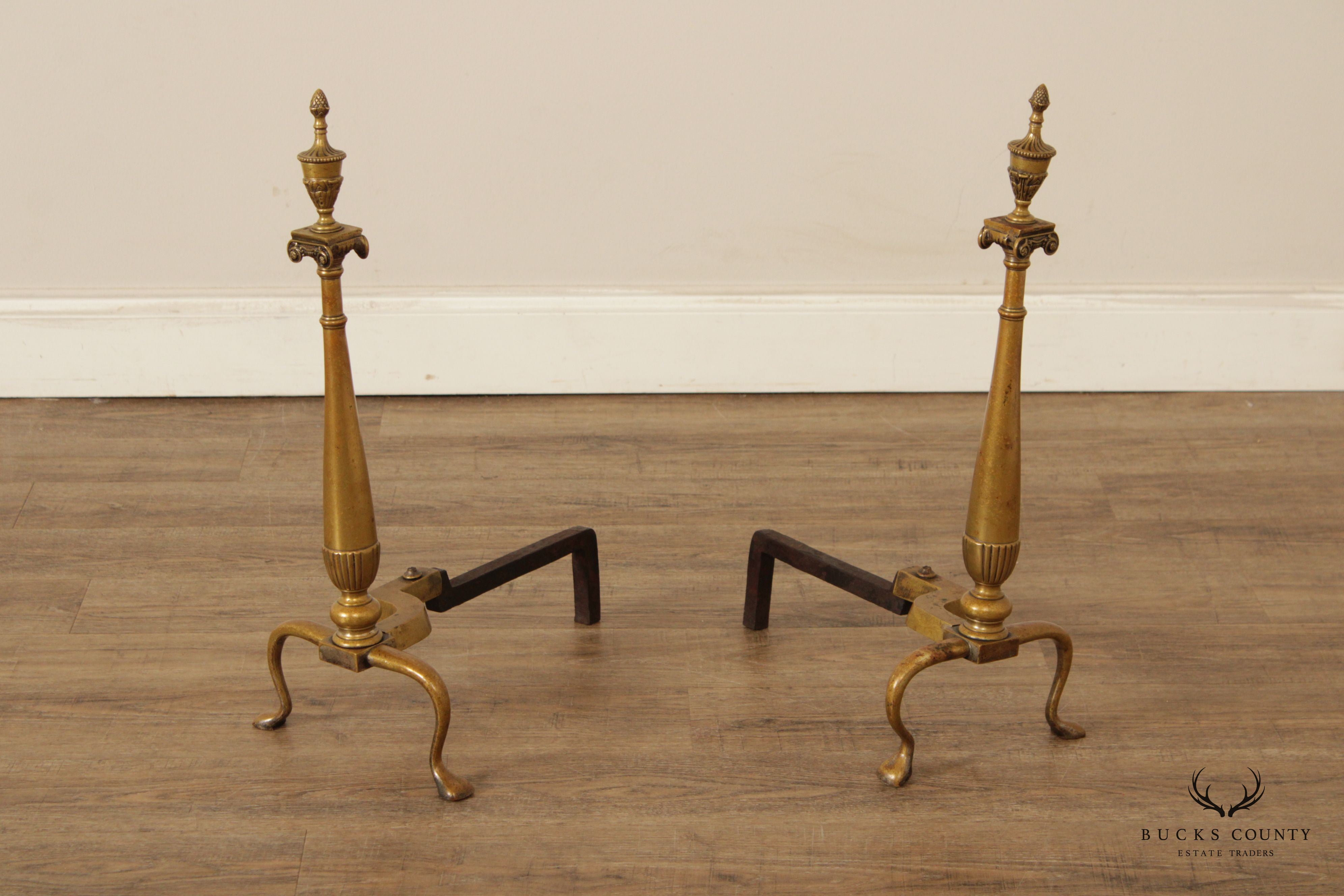 Federal Style Quality Pair of Brass Fireplace Andirons