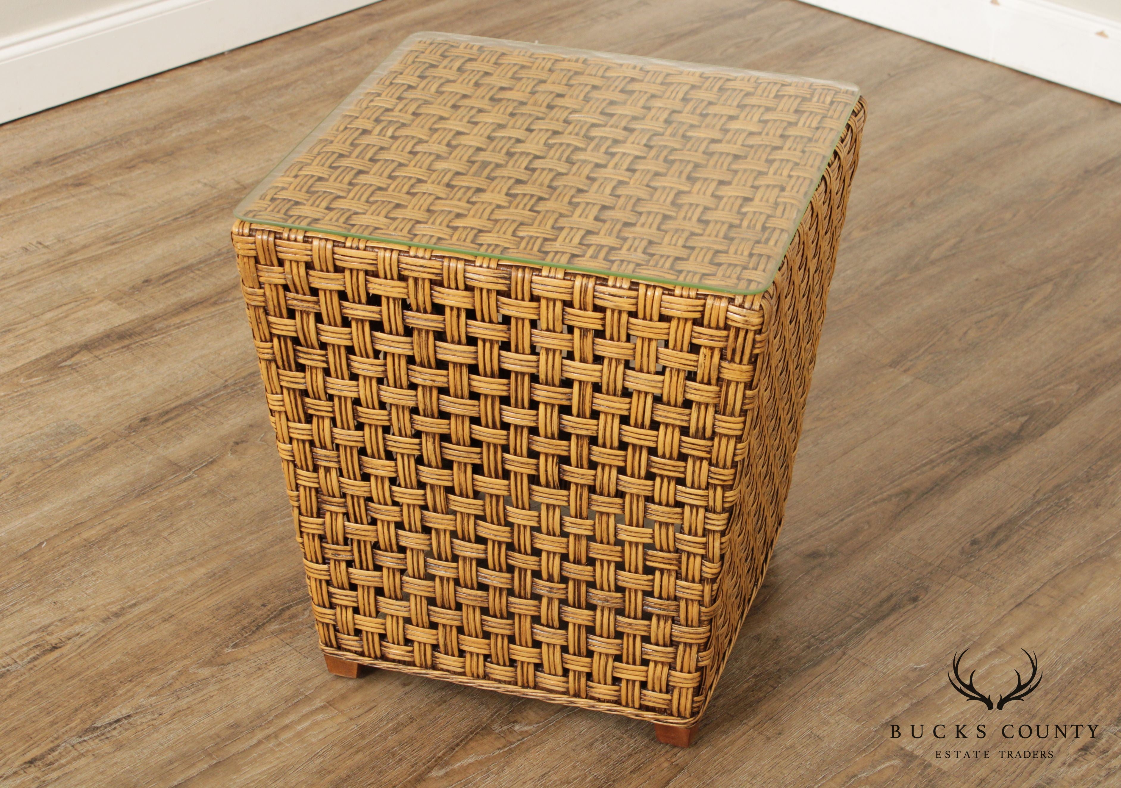 Vintage Woven Wicker Square Glass Top Side Table