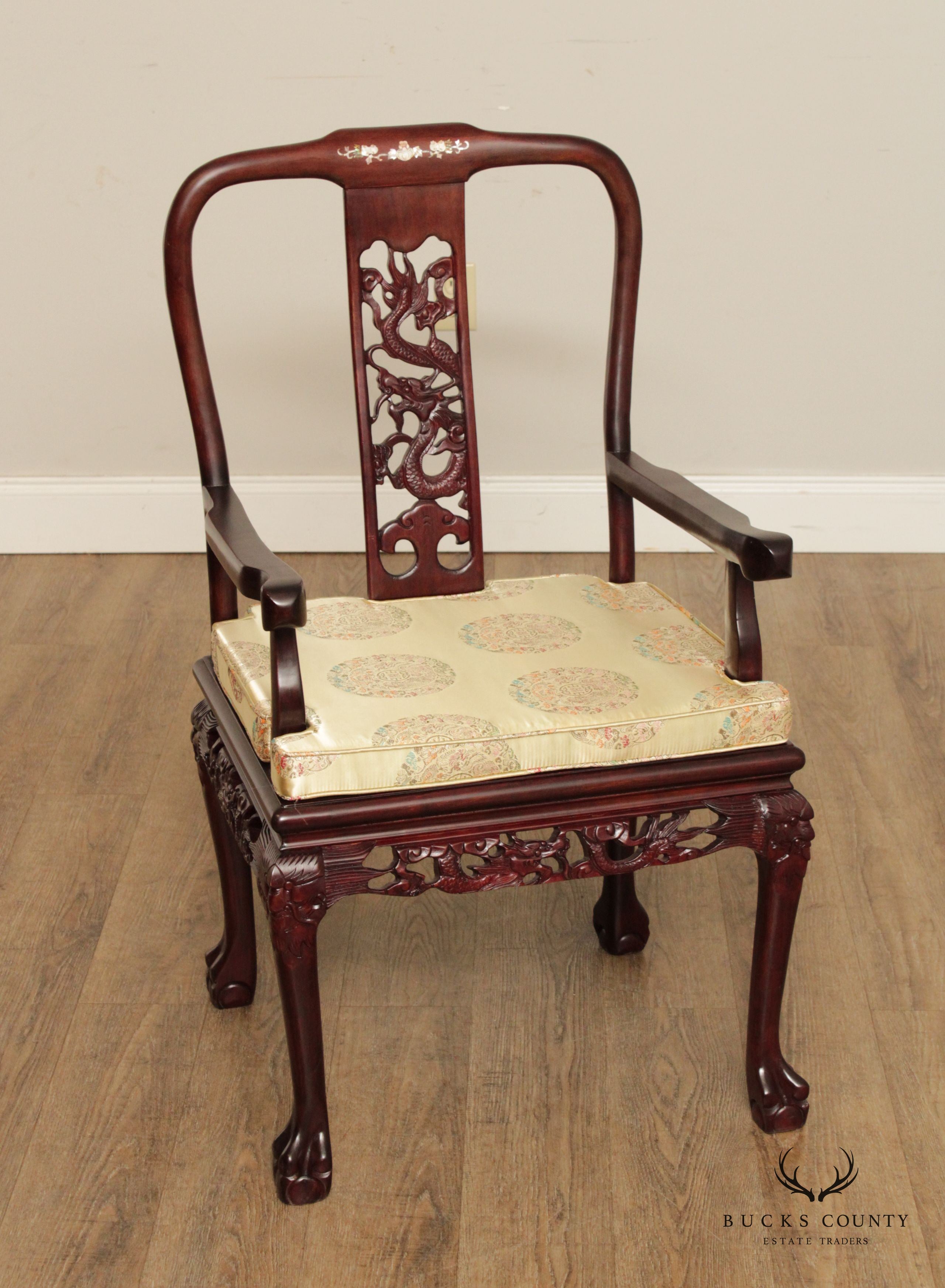 Chinese Rosewood Mother of Pearl Inlaid Dragon Carved Set of 8 Dining Chairs