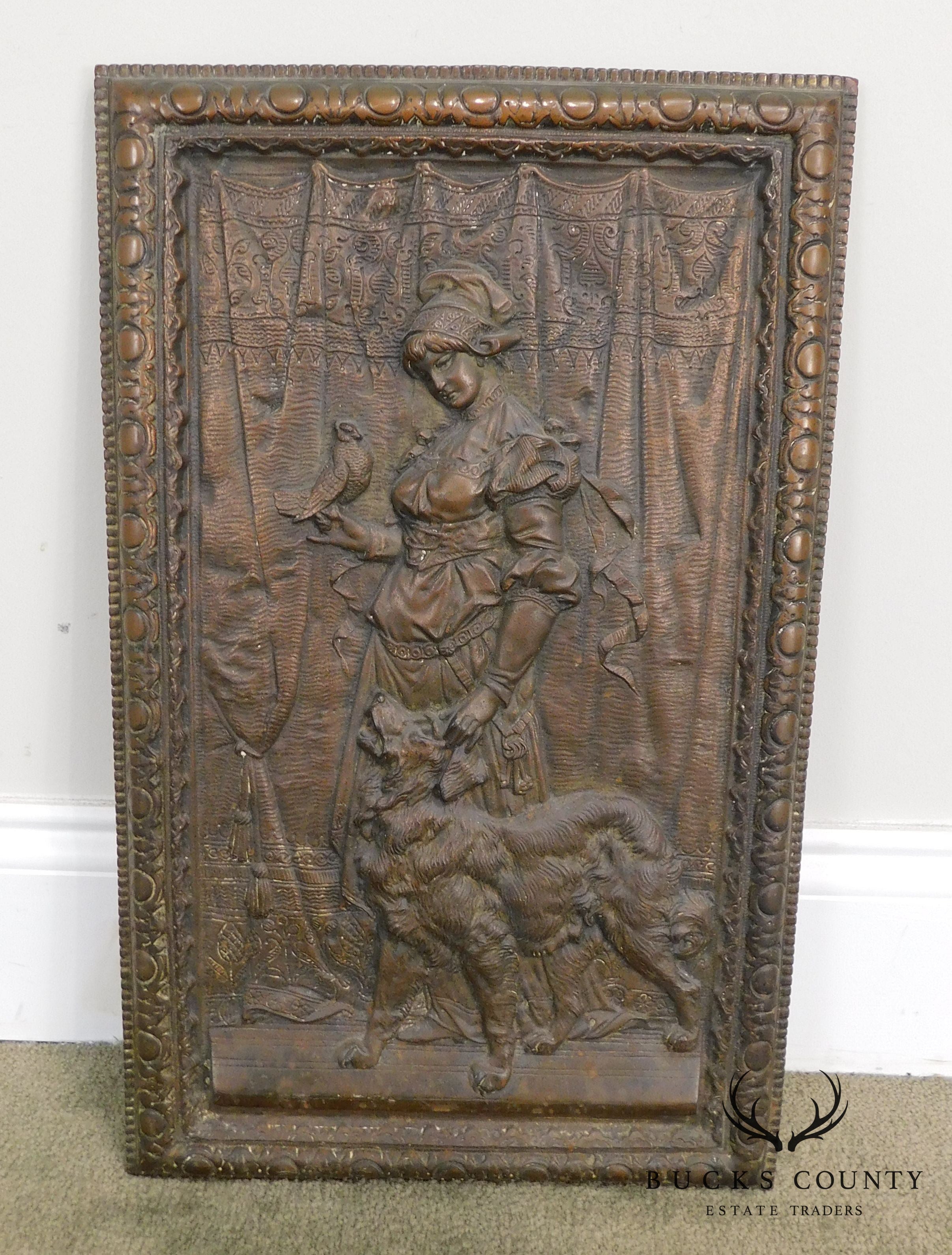 Antique Cast Iron European Relief Wall Plaque of Woman with Dog and Bird