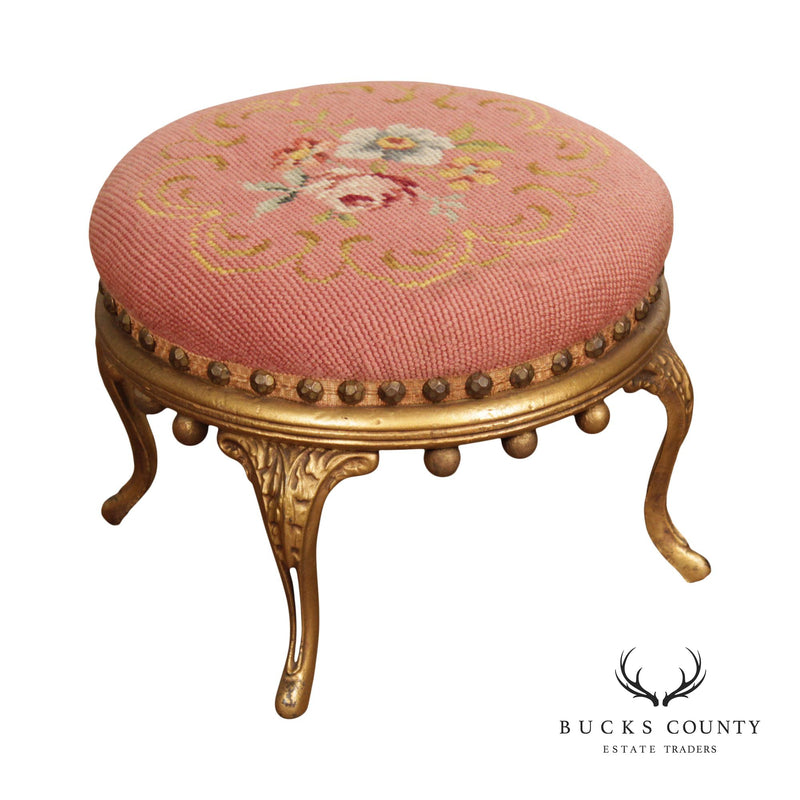 Victorian Style Needlework Gilt Painted Small Round Foot Stool