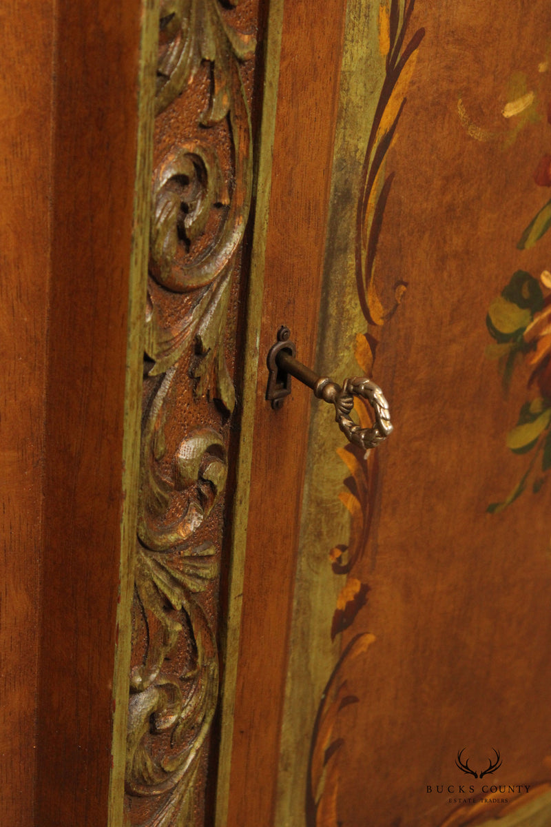 Antique Renaissance Revival Pair of Hand Painted Marble Top Demilune Cabinets