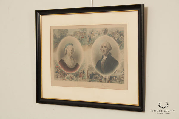 Antique 19th C. 'Washington and His Wife' Colored Engraving, After Gilbert Stuart