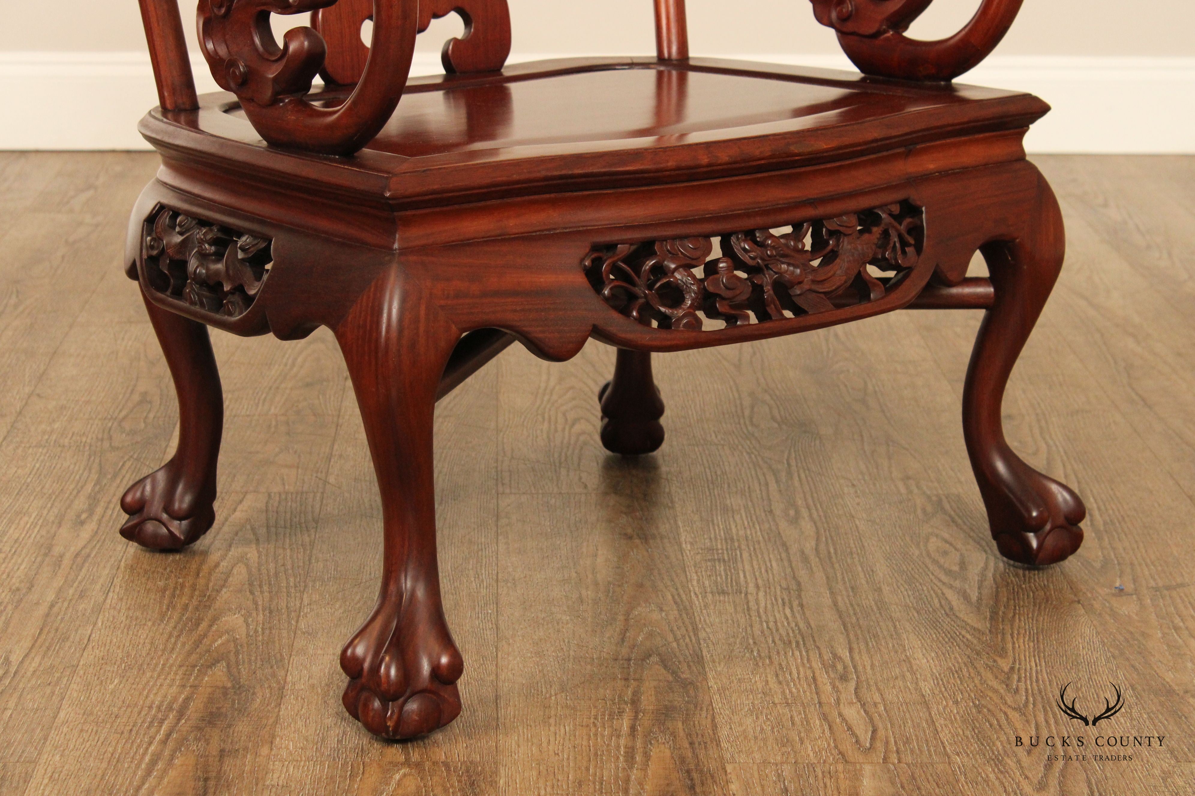 Chinese Pair of Carved Mahogany Throne Armchairs