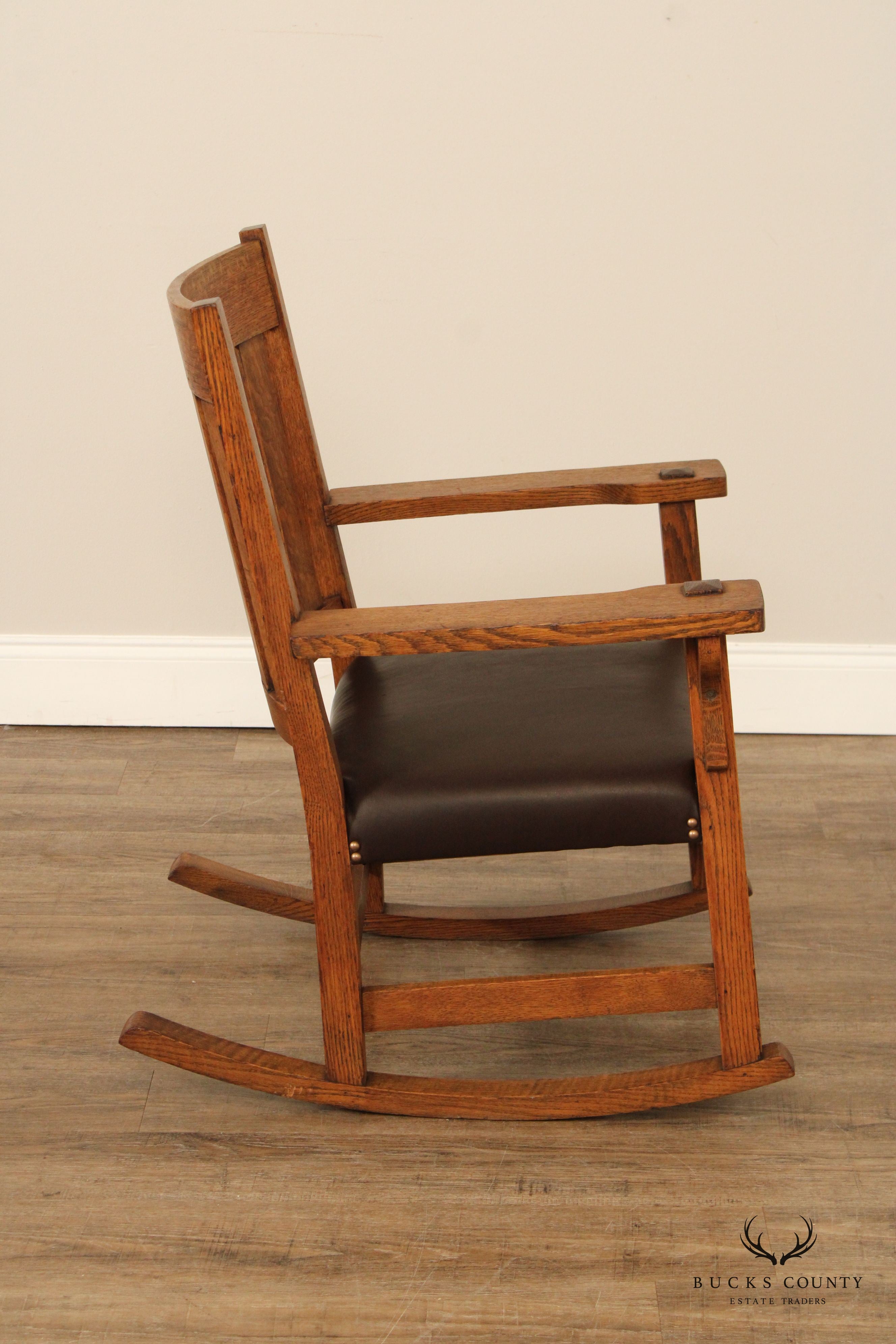 Antique Mission Oak and Leather Rocking Chair