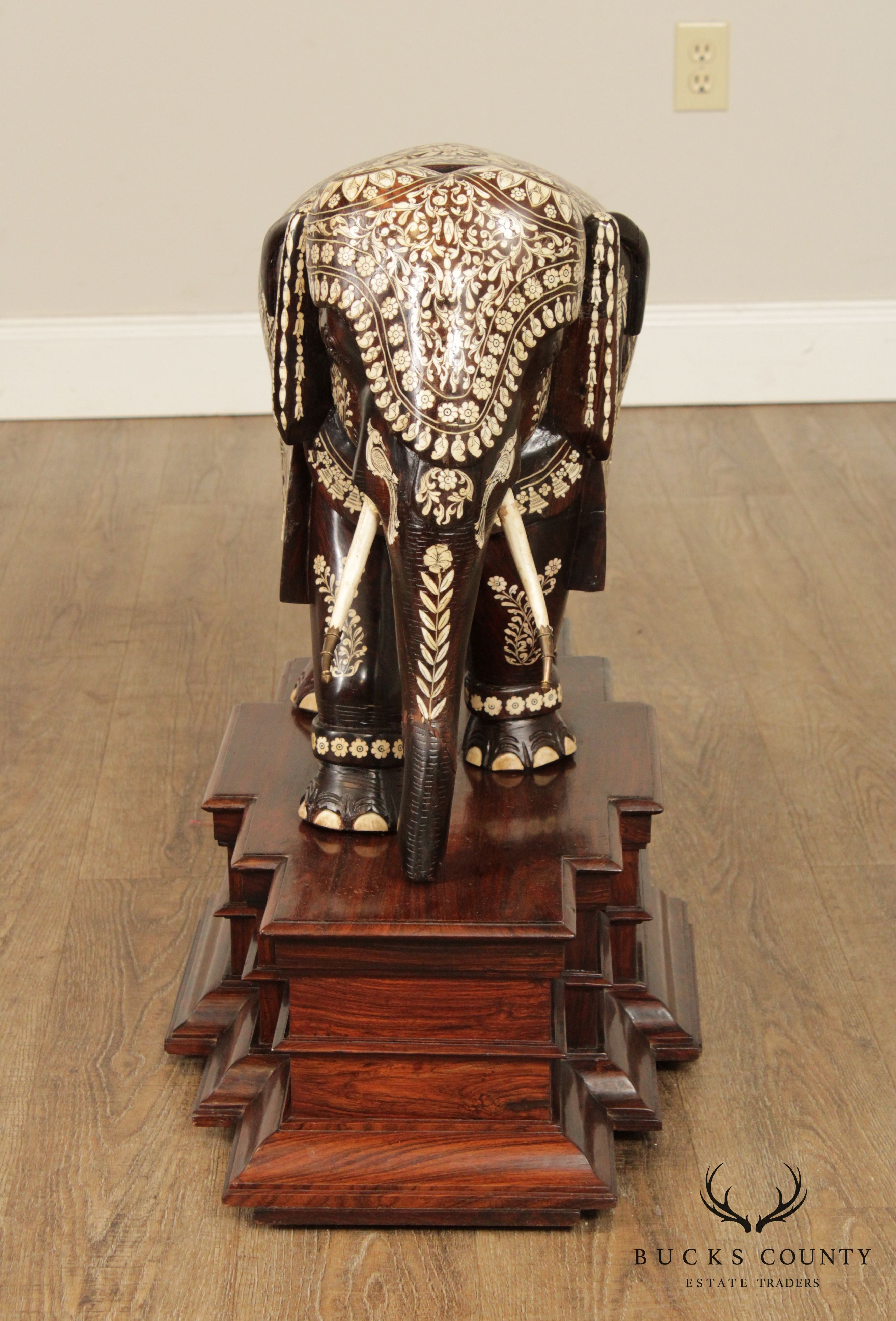 Antique Large Indian Carved Rosewood Bone Inlaid Elephant Statue on Base