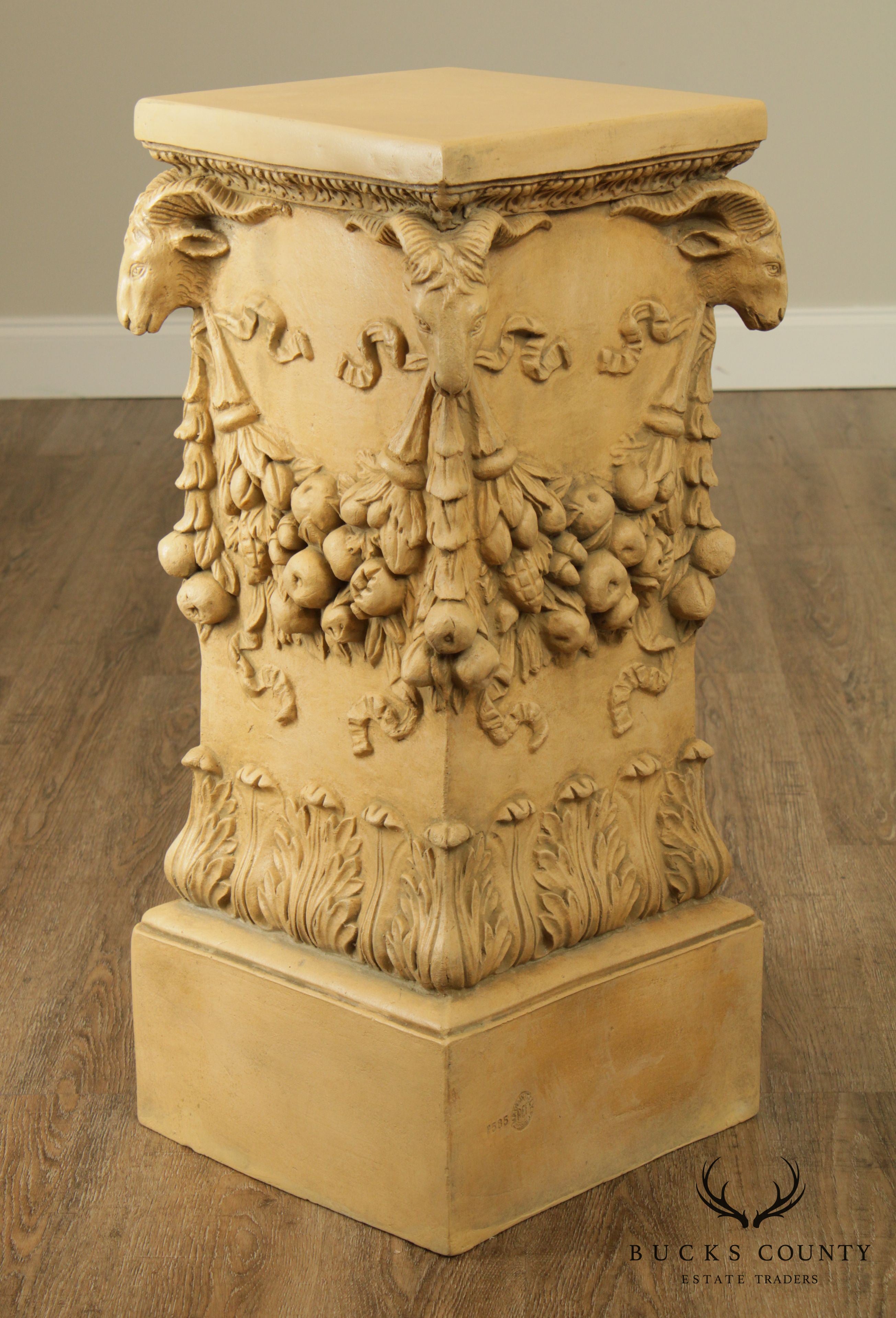 Impruneta Italian Renaissance Style Vintage Carved Column Pedestal with Rams Heads