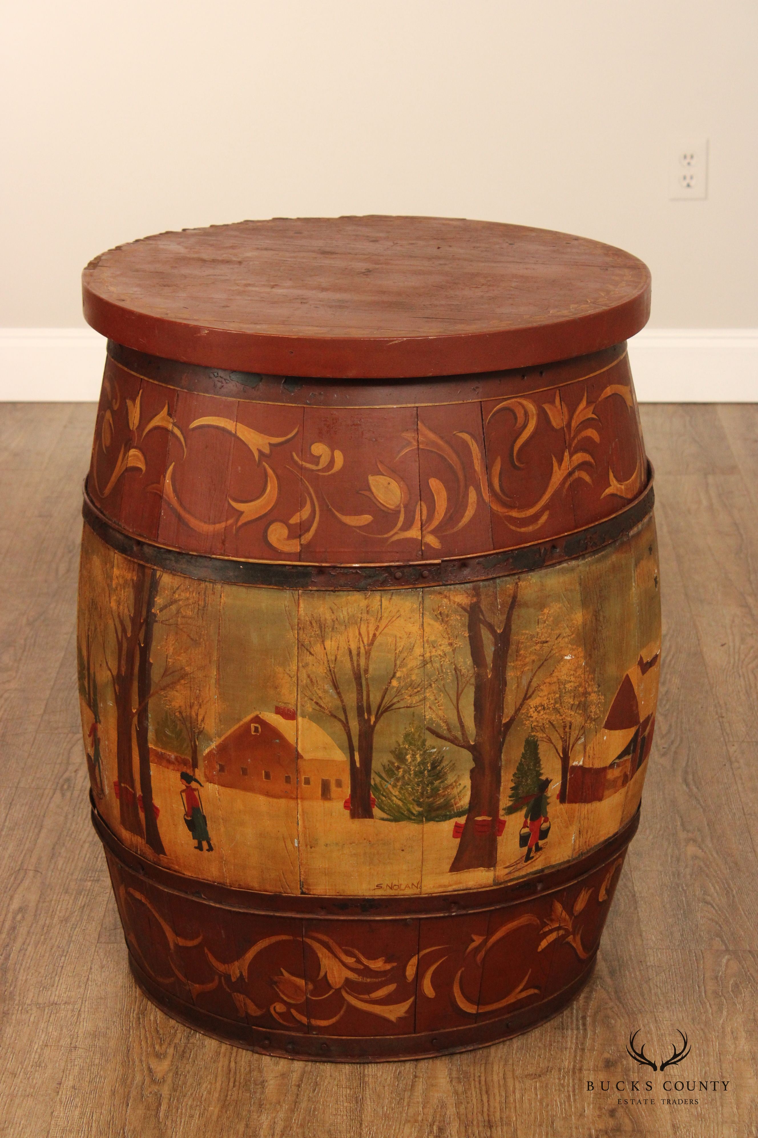 S. Nolan Folk Art Hand Painted Barrel