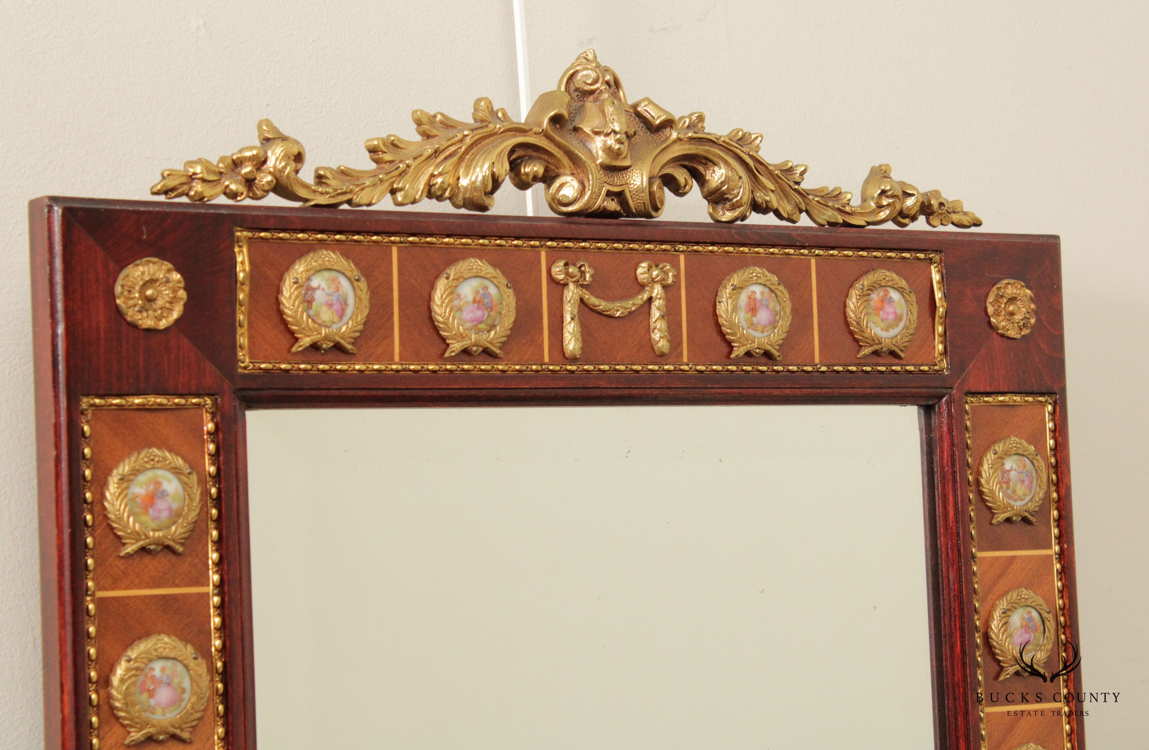 Italian Louis XV Neoclassical Style Mahogany and Brass Console Mirror With Porcelain Plaques