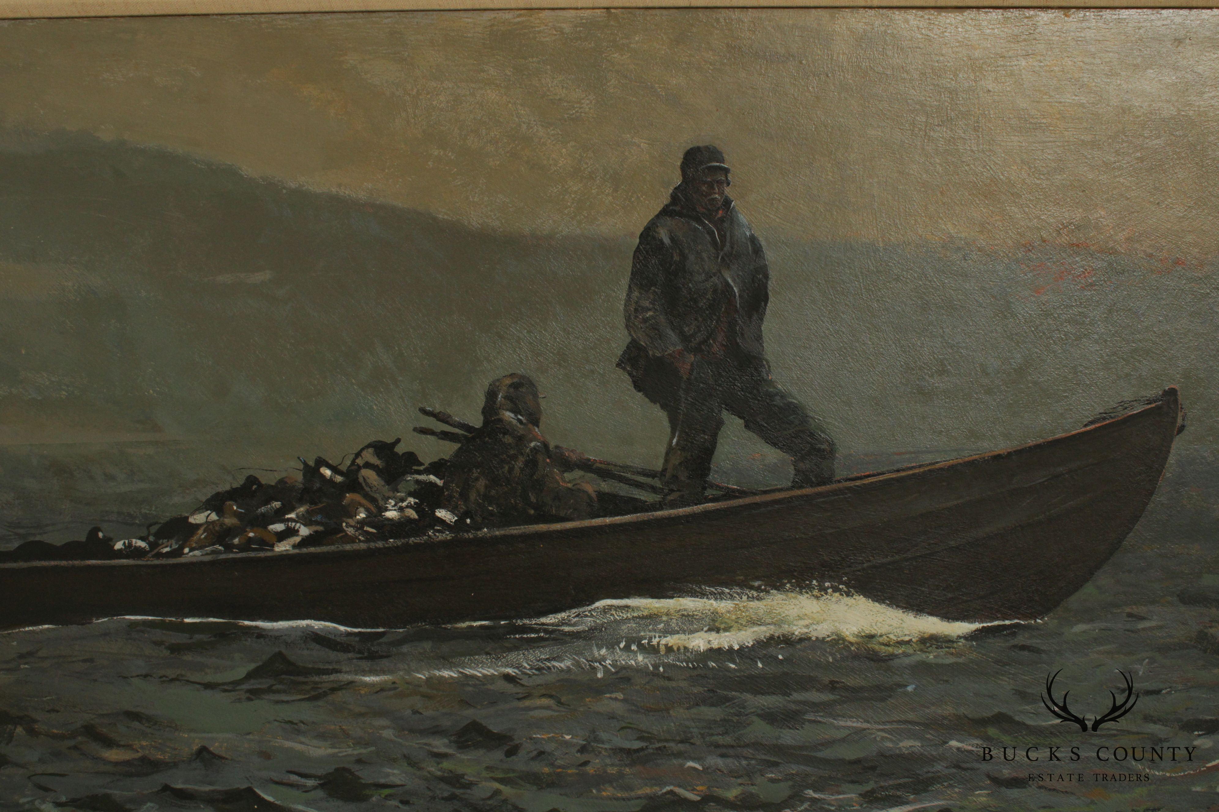 Chet Reneson (B. 1934 Connecticut) Untitled Oil Painting Men Duck Hunting on Boat