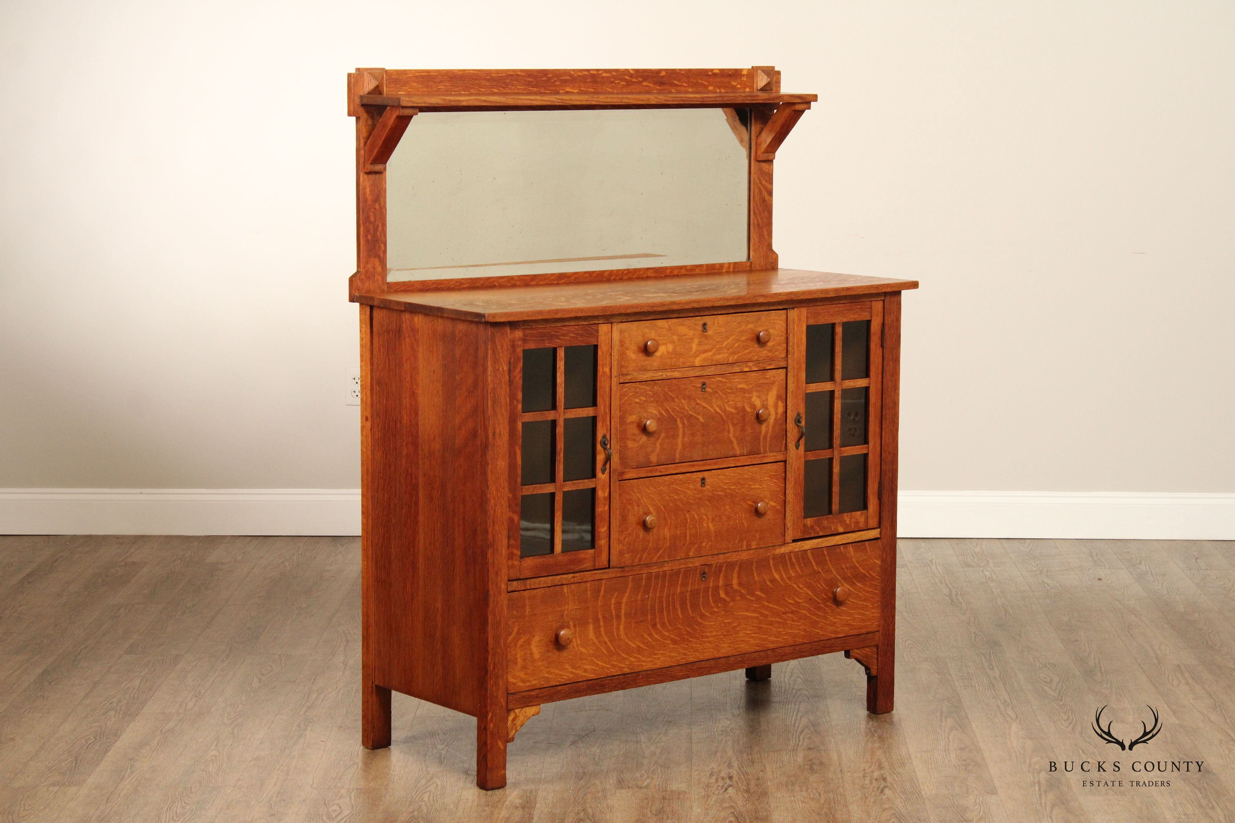 Larkin Co. Antique Mission Oak and Glass Sideboard Buffet