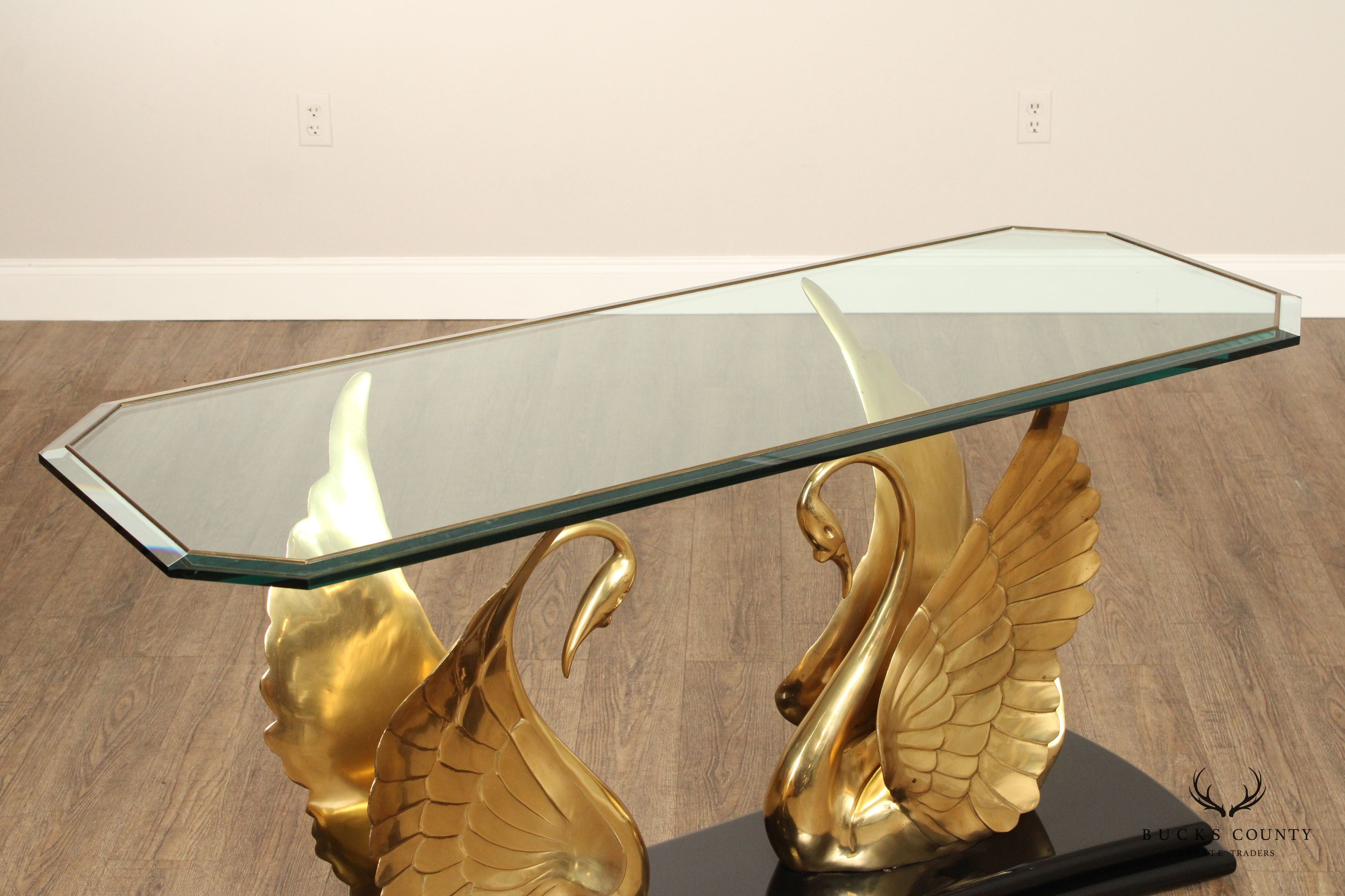 Quality Italian Brass Swan Glass Top Console Table