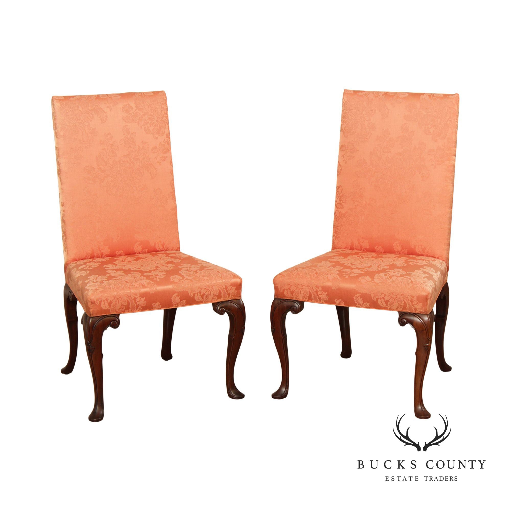 Queen Anne Style Pair Custom Upholstered High Back Side Chairs