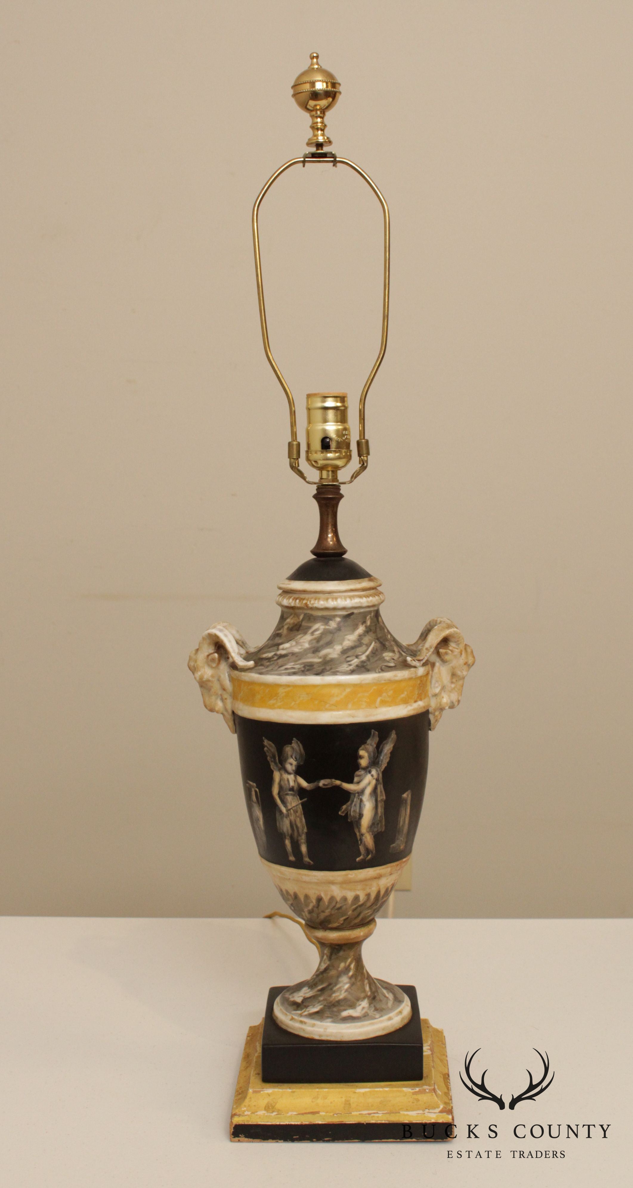 Vintage Neoclassical Painted Urn Lamp with Shade