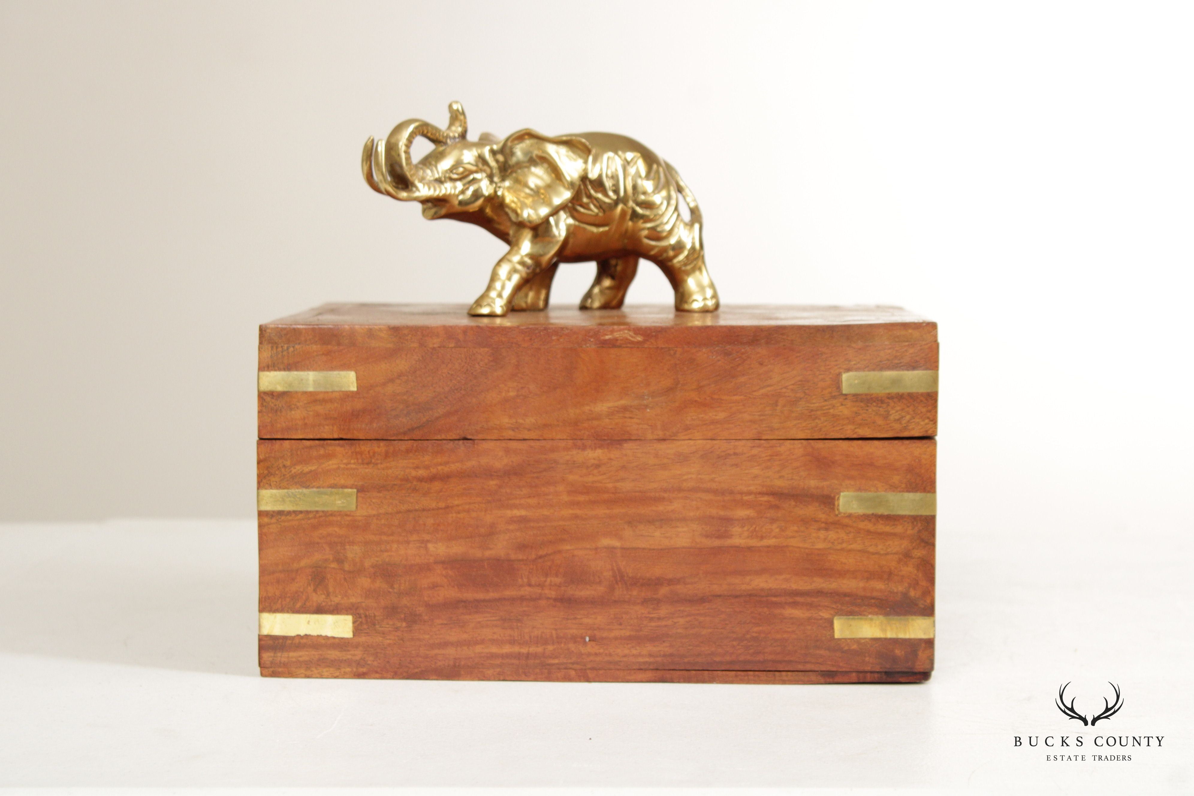 Campaign Style Teak and Brass Elephant Cigar or Jewelry Box