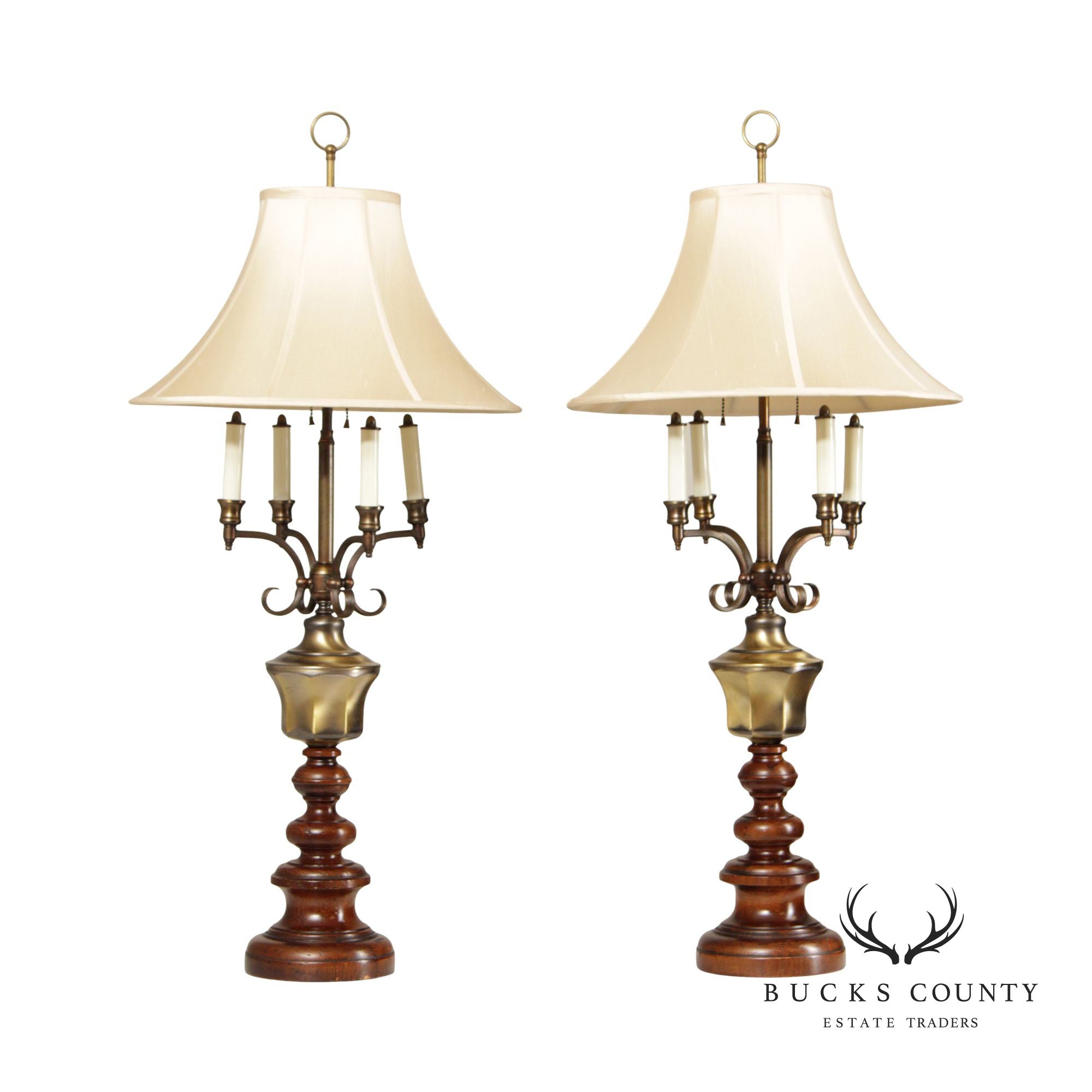 KNOB CREEK PAIR OF BRASS AND TURNED WOOD VINTAGE TABLE LAMPS