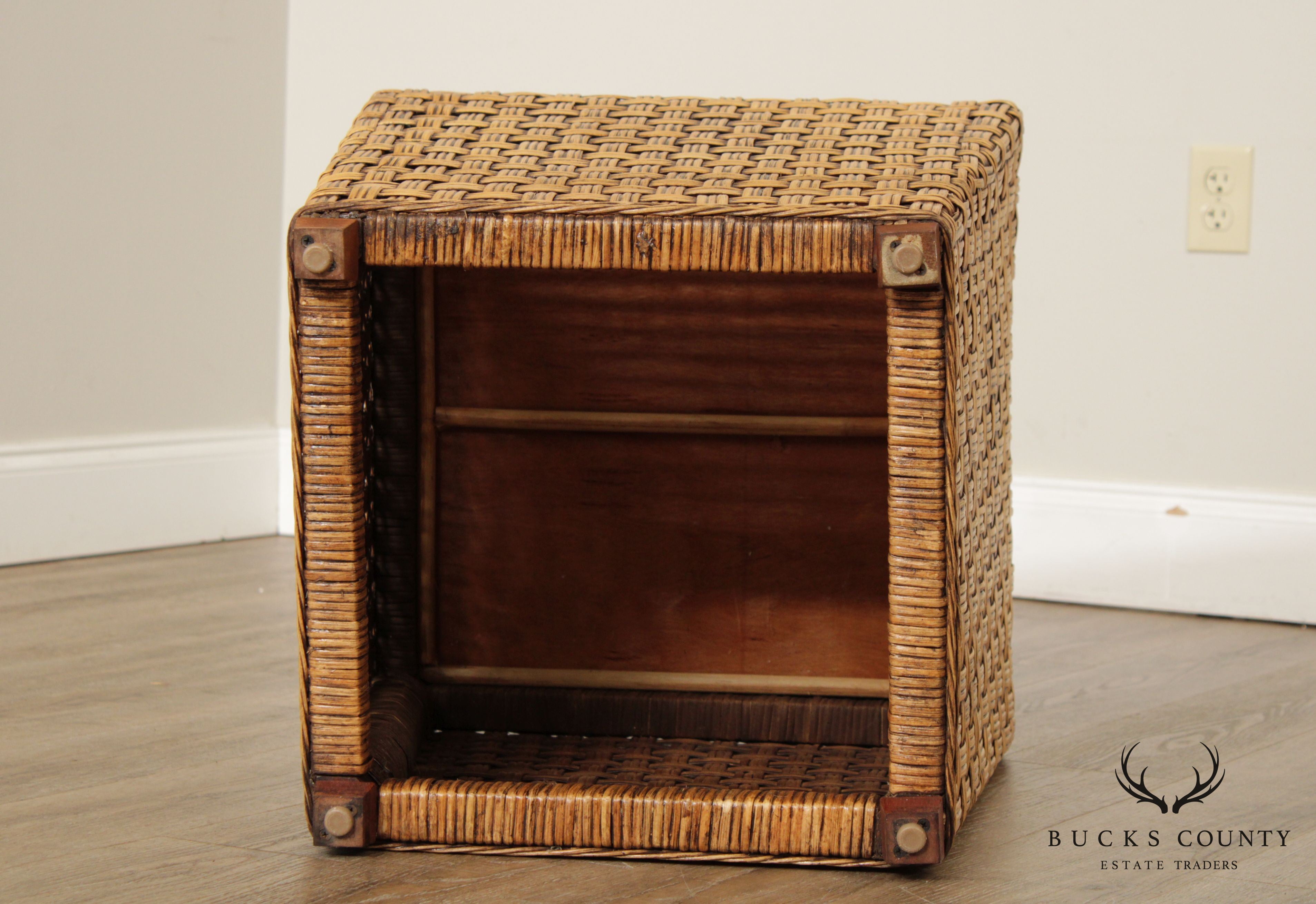 Vintage Woven Wicker Square Glass Top Side Table