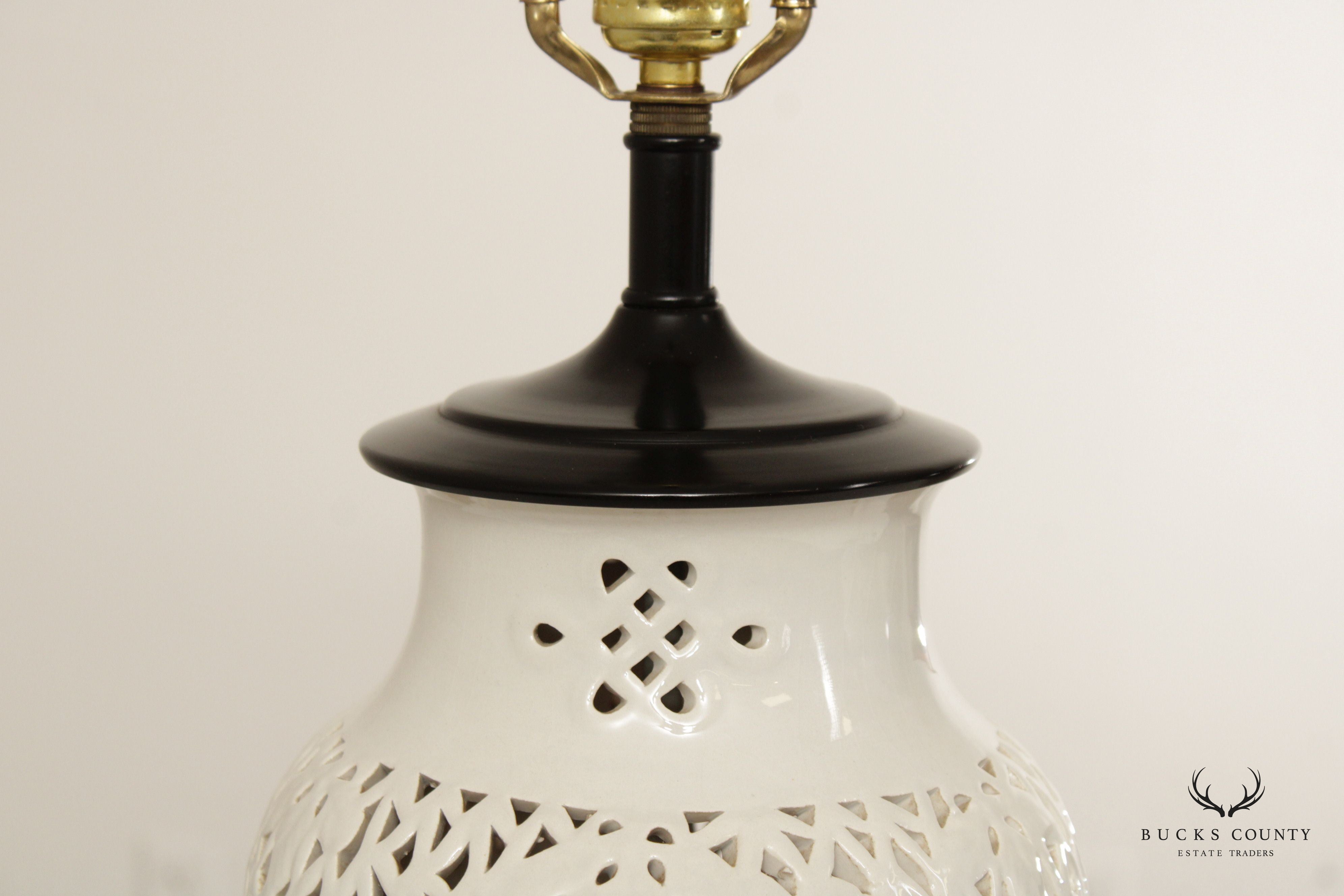 Chinoiserie Pair Of Reticulated Blanc De Chine Table Lamps