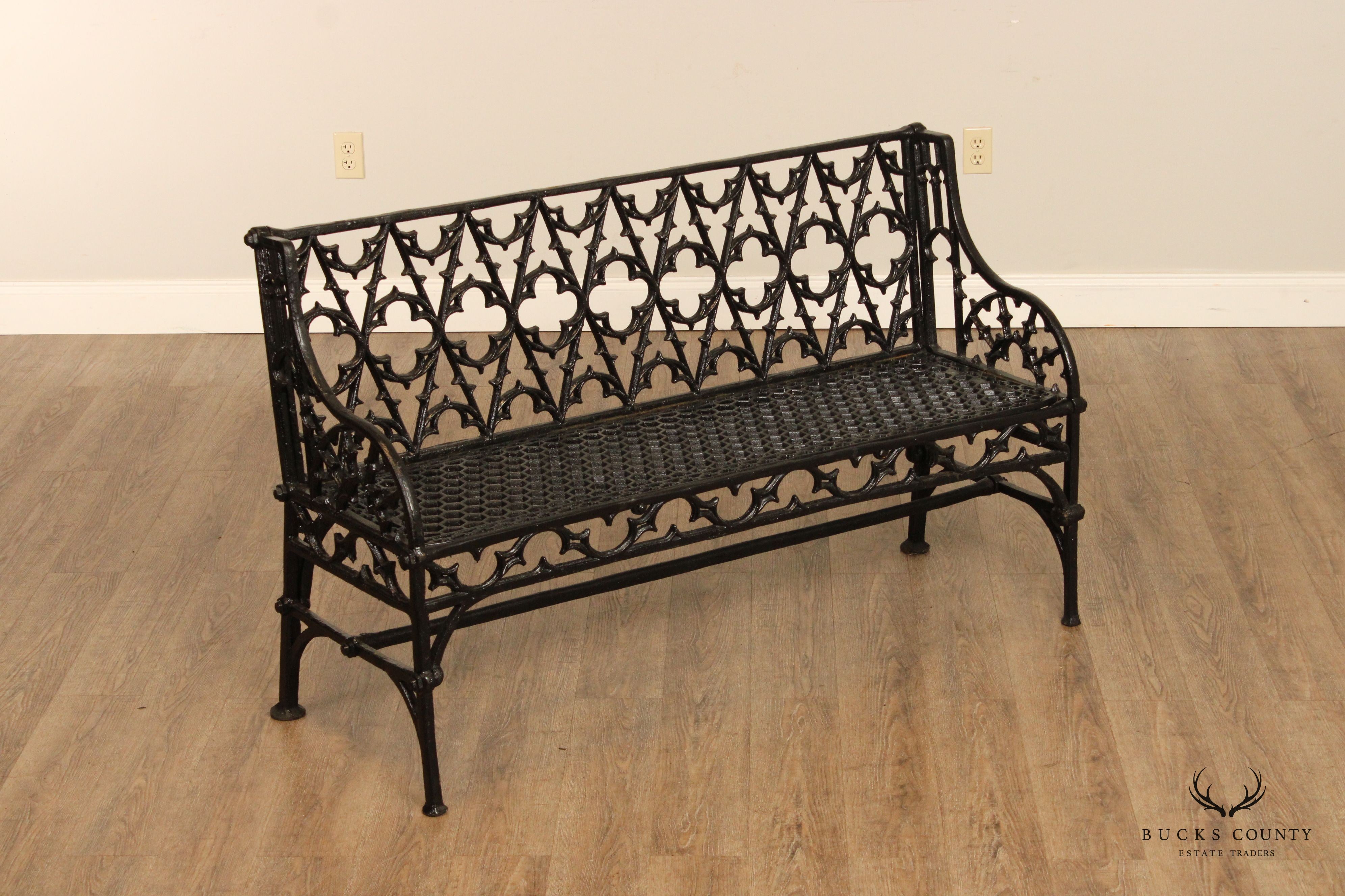 Gothic Revival Style Quality Pair of Cast Iron Outdoor Garden Benches