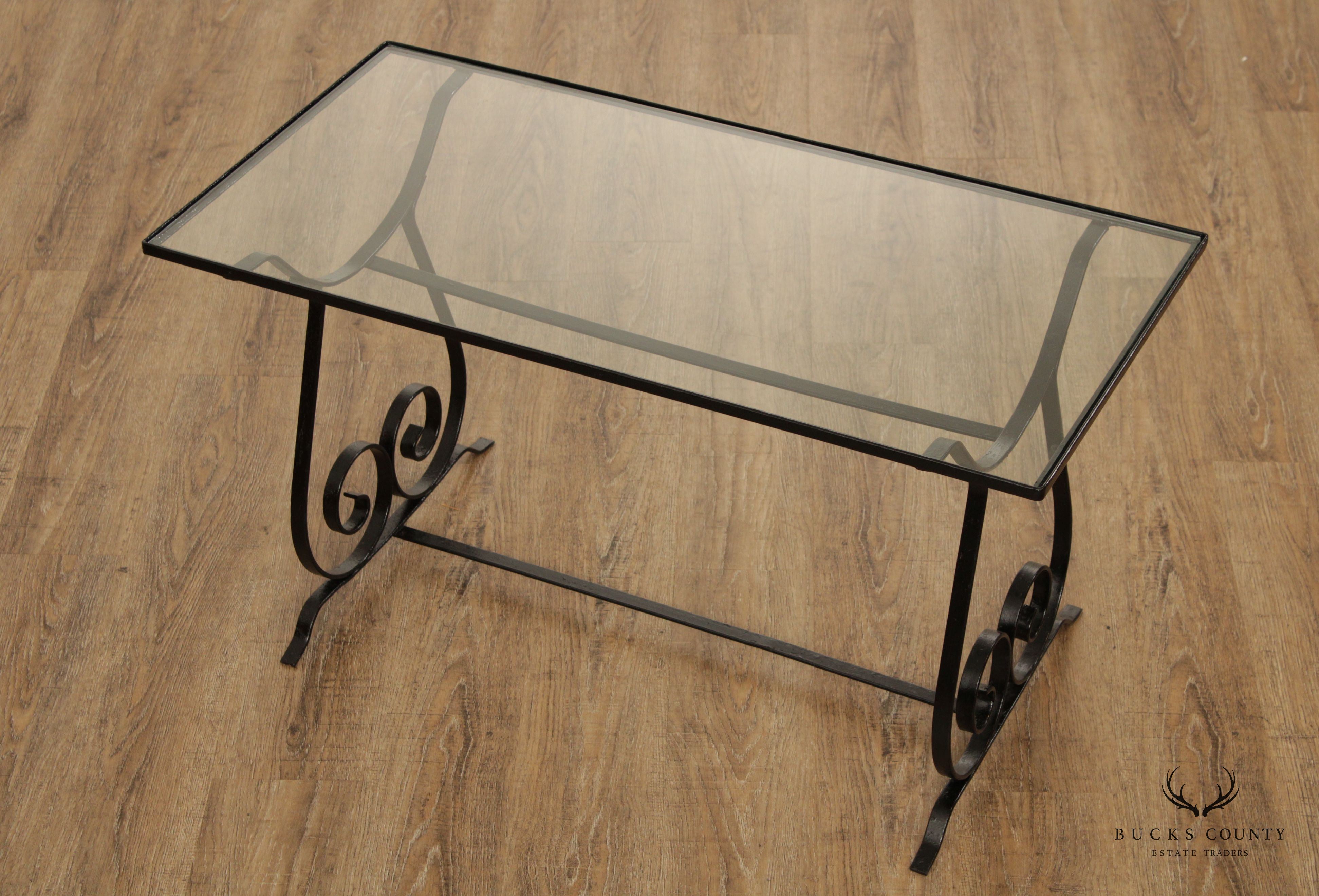 Vintage Wrought Iron Scroll Glass Top Cocktail Table